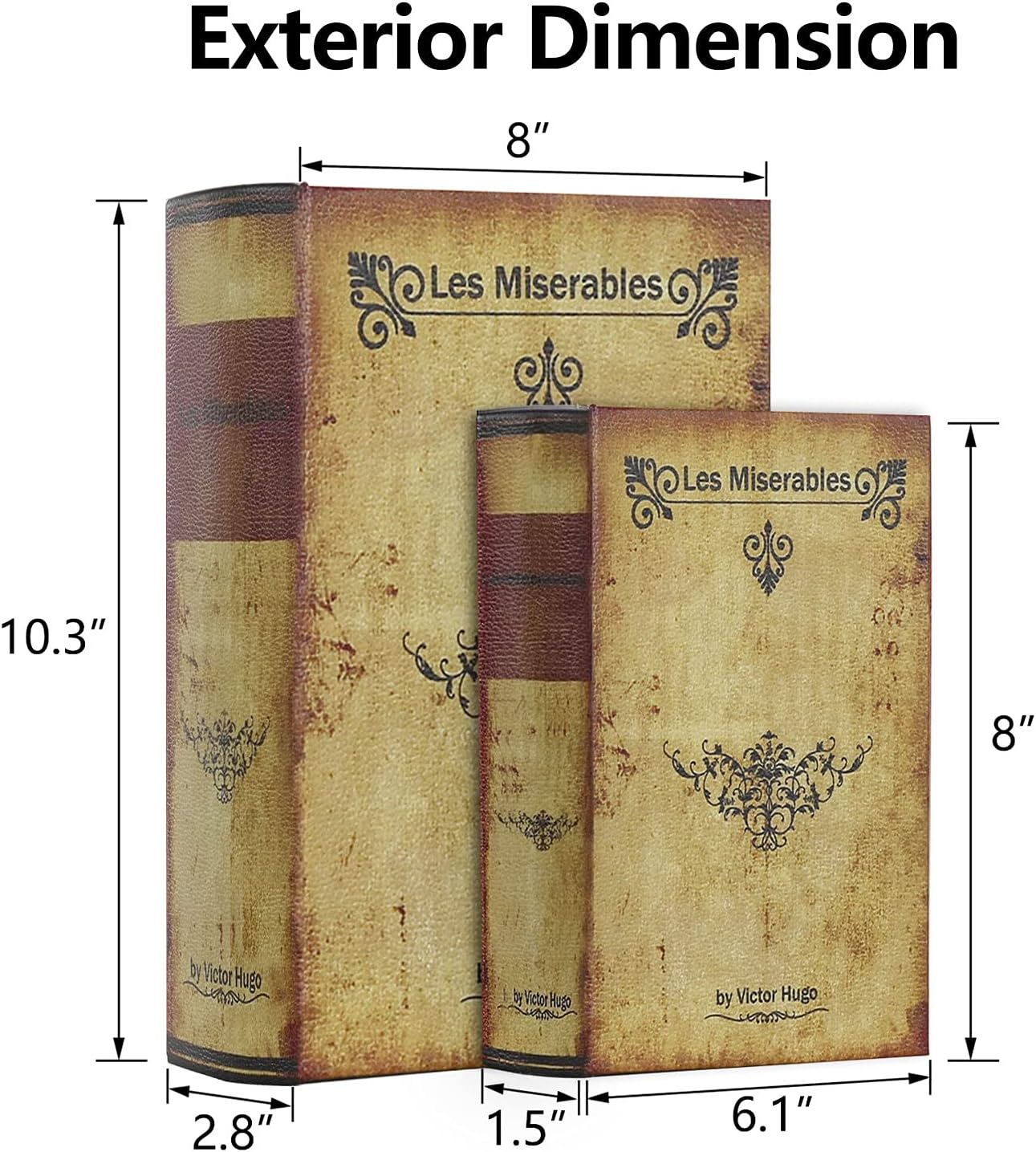 Decorative Book Box Antique Wooden Realistic Faux Wood Storage Set / Les Miserables / Set of 2