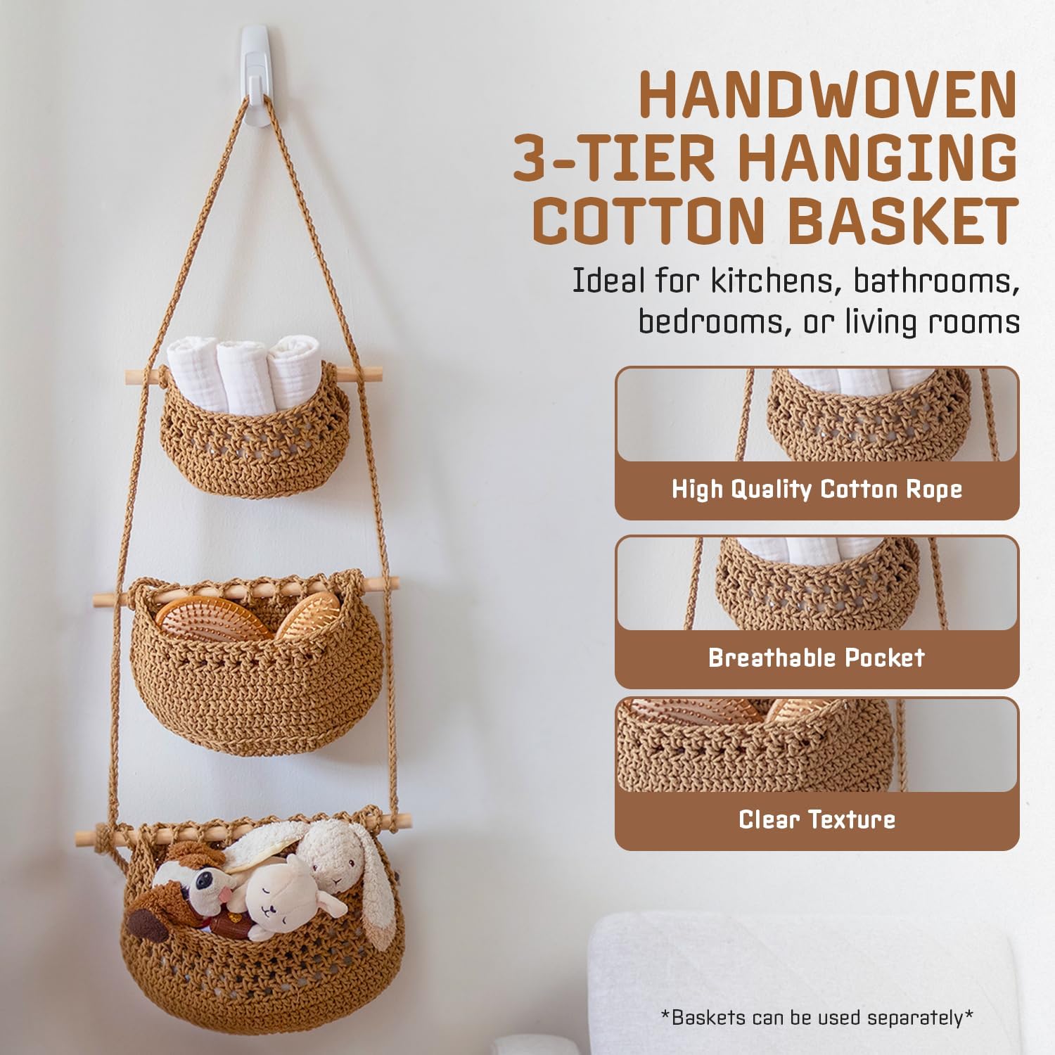 3 Tier Woven Wall Basket / Brown