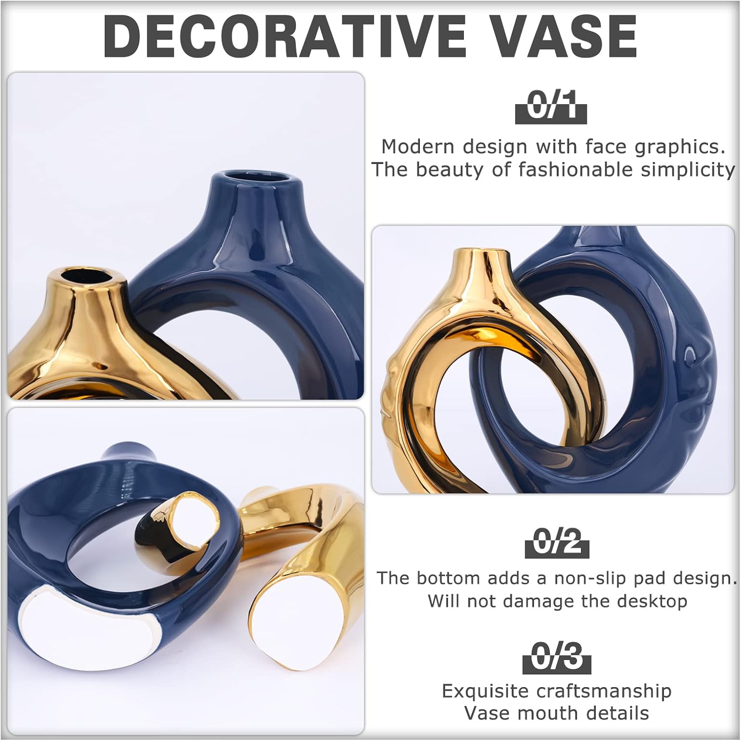 Navy Blue Home Decor Ceramic Vase / Blue Gold / Set of 2