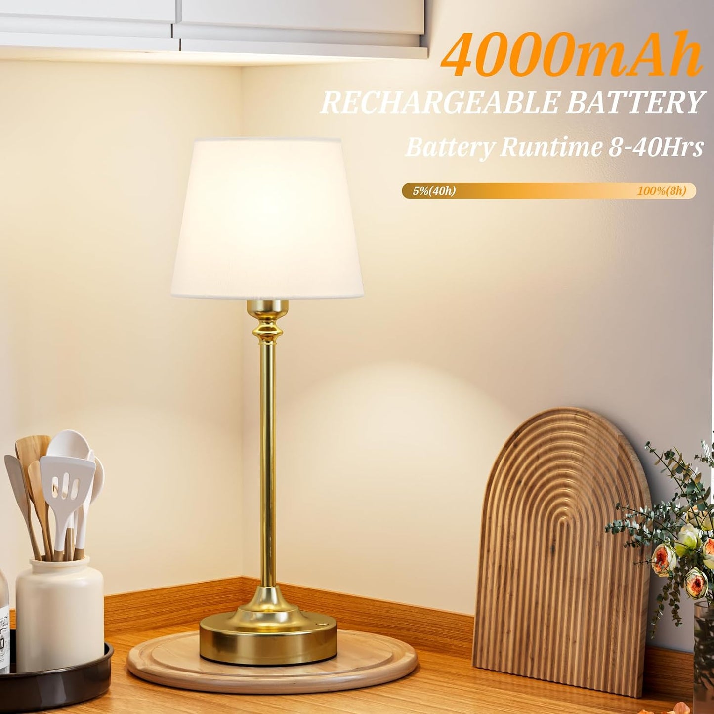 Kakanuo Cordless Table Lamps Rechargeable Set - 2 Pack Gold 4000mAH Battery Operated Lamps for Decor, 3000K Stepless