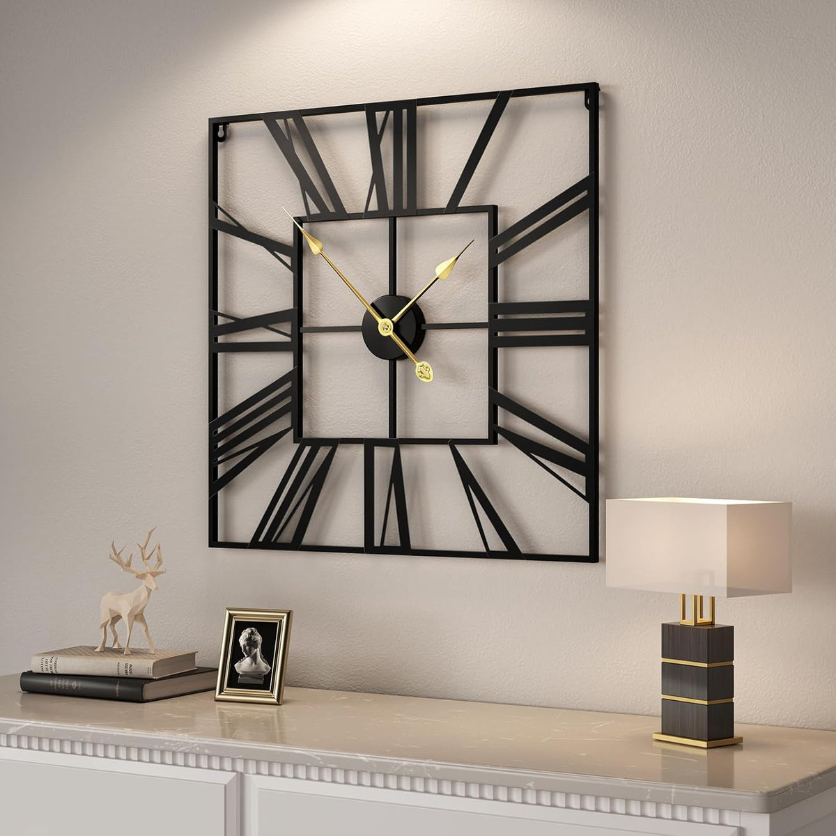 Cuspin 24 Inch Square Wall Clock, Large Black Metal Roman Numeral Clock | Battery operated, Silent non ticking, modern