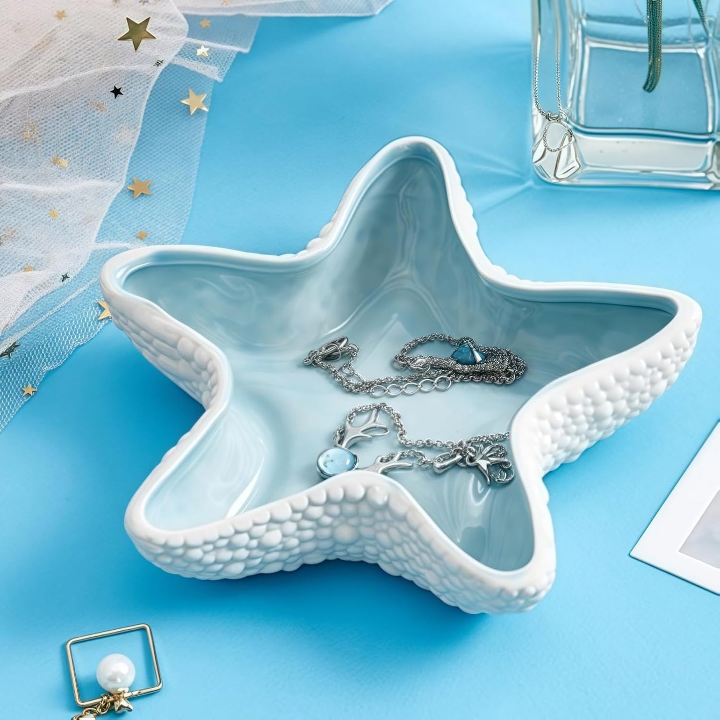 Starfish Jewelry Dish Ceramic Holder Ring Trinket Tray / Sea Blue -starfish
