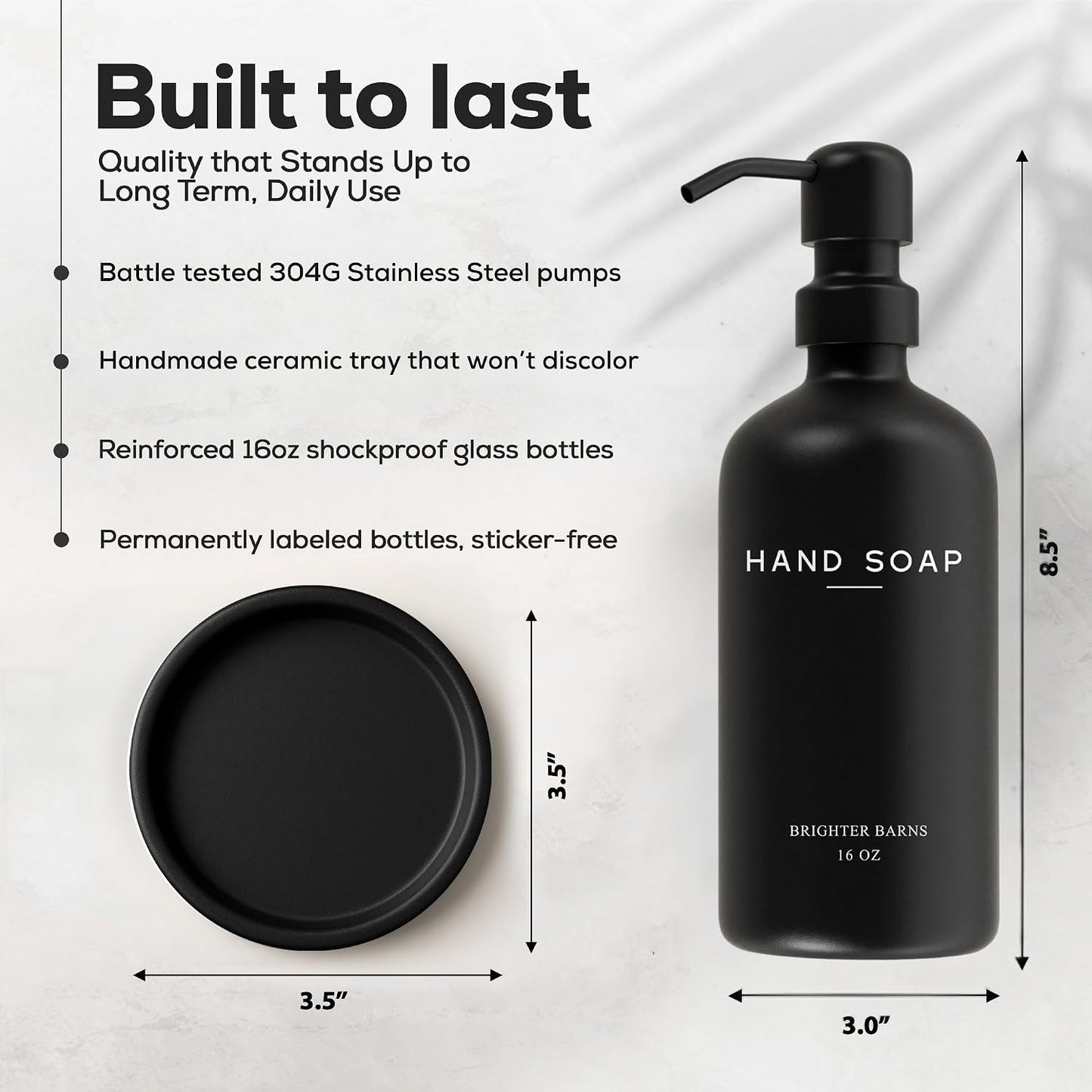Black Glass Hand Soap Dispenser Bathroom Set by Brighter Barns - Bathroom Soap Dispenser Set with Tray and Stainless