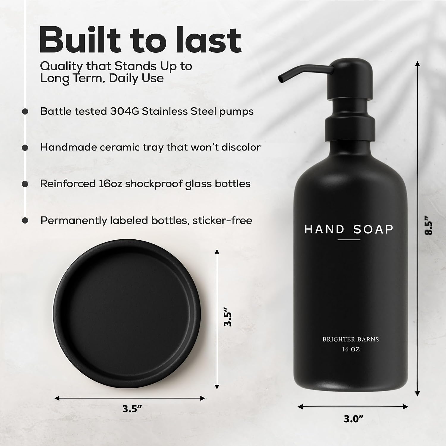 Black Glass Hand Soap Dispenser Bathroom Set by Brighter Barns - Bathroom Soap Dispenser Set with Tray and Stainless