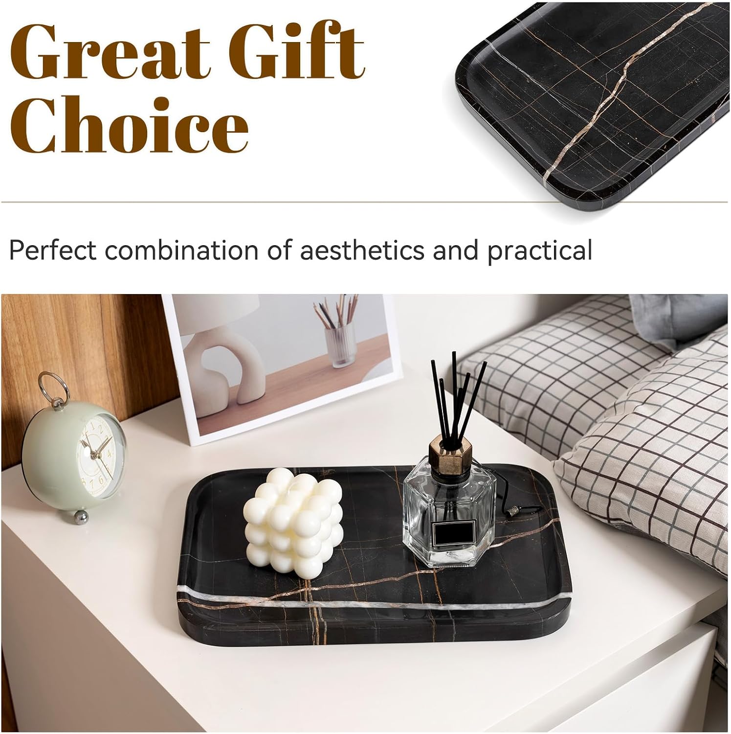 Marble Tray / Natural Marble Vanity Tray for Countertop Bathroom Kitchen Dresser / Black / 12 x 8