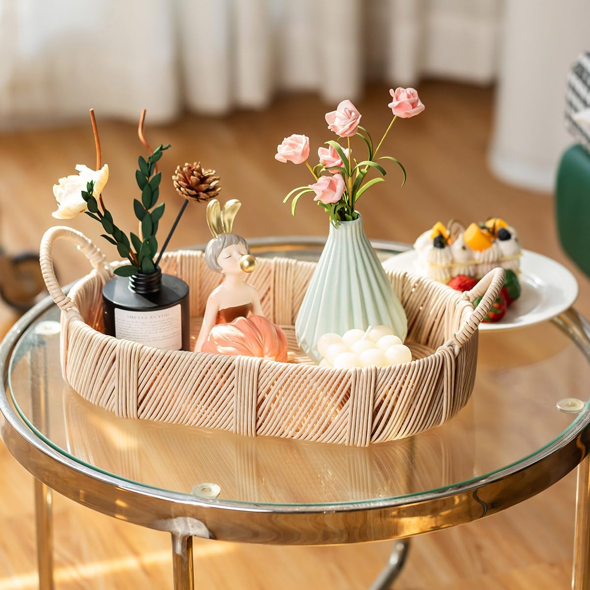 Hand-Woven Rattan-Style Storage Basket / Beige