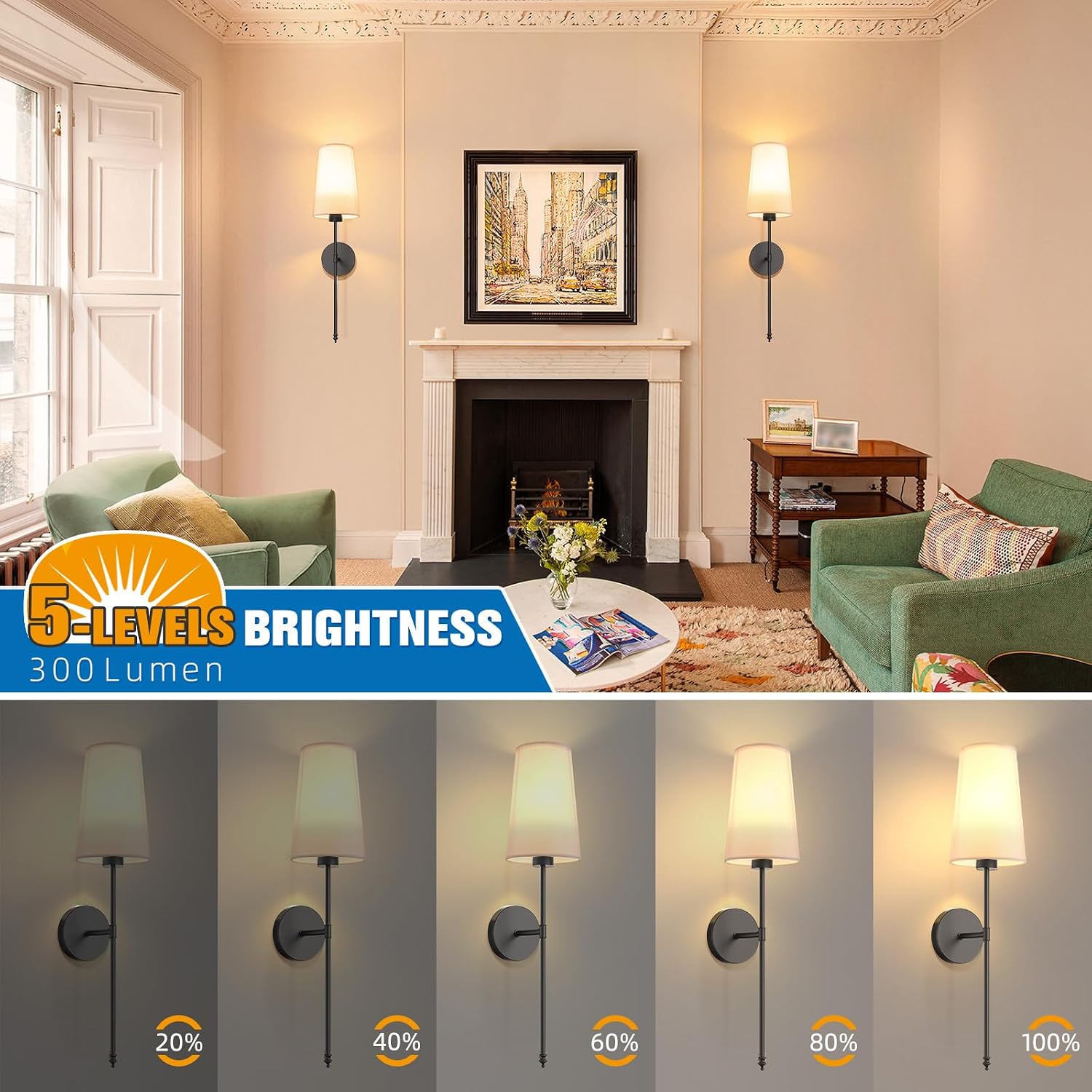 Black Battery Operated Wall Sconce Set of 2,Rechargeable Wall Lights with 10400mAh Dimmable Detachable Bulbs and