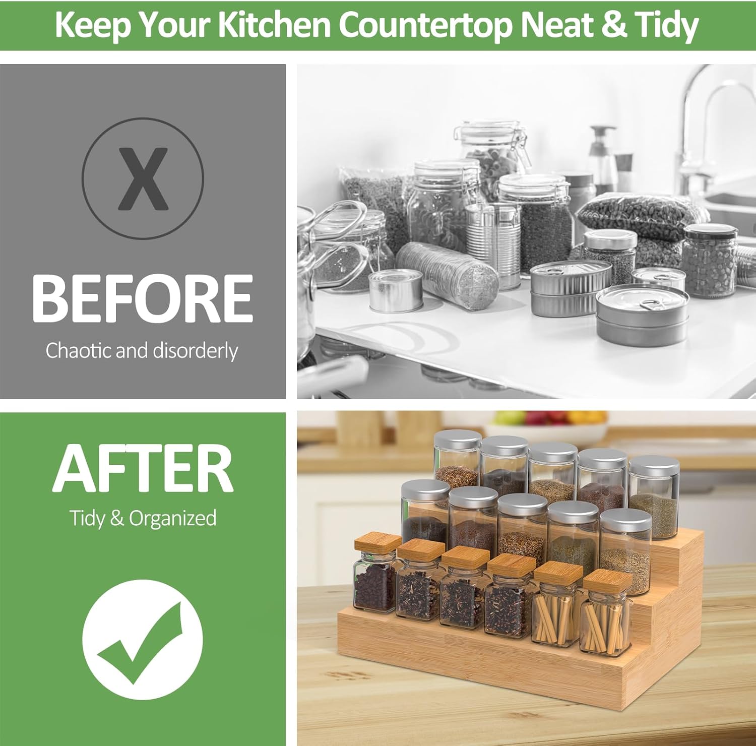 2 Pack Bamboo Spice Rack Organizer for Kitchen Counter, 3 Tier Spice Shelf | 3 Tier Countertop Step Shelf, Seasoning