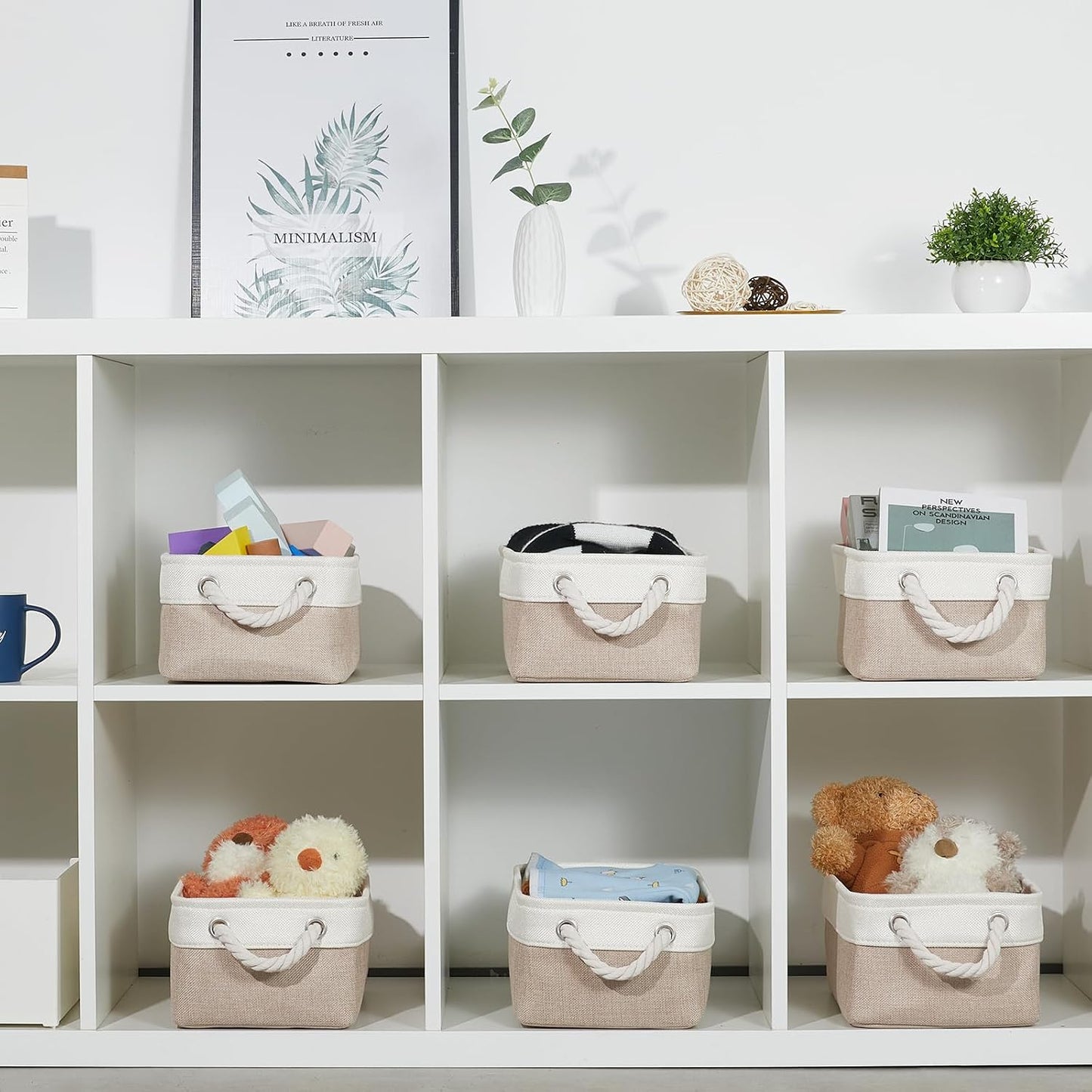 Small Baskets Fabric Storage Beige Storage Bins Empty Gift / White&beige / 11.8 x 7.8 x 5 / Set of 6