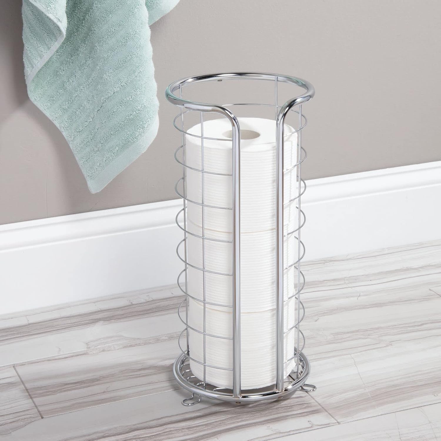 mDesign Metal Free Standing Toilet Paper Organizer Stand - 3 Rolls of Jumbo Toilet Tissue Storage - Bathroom Decor