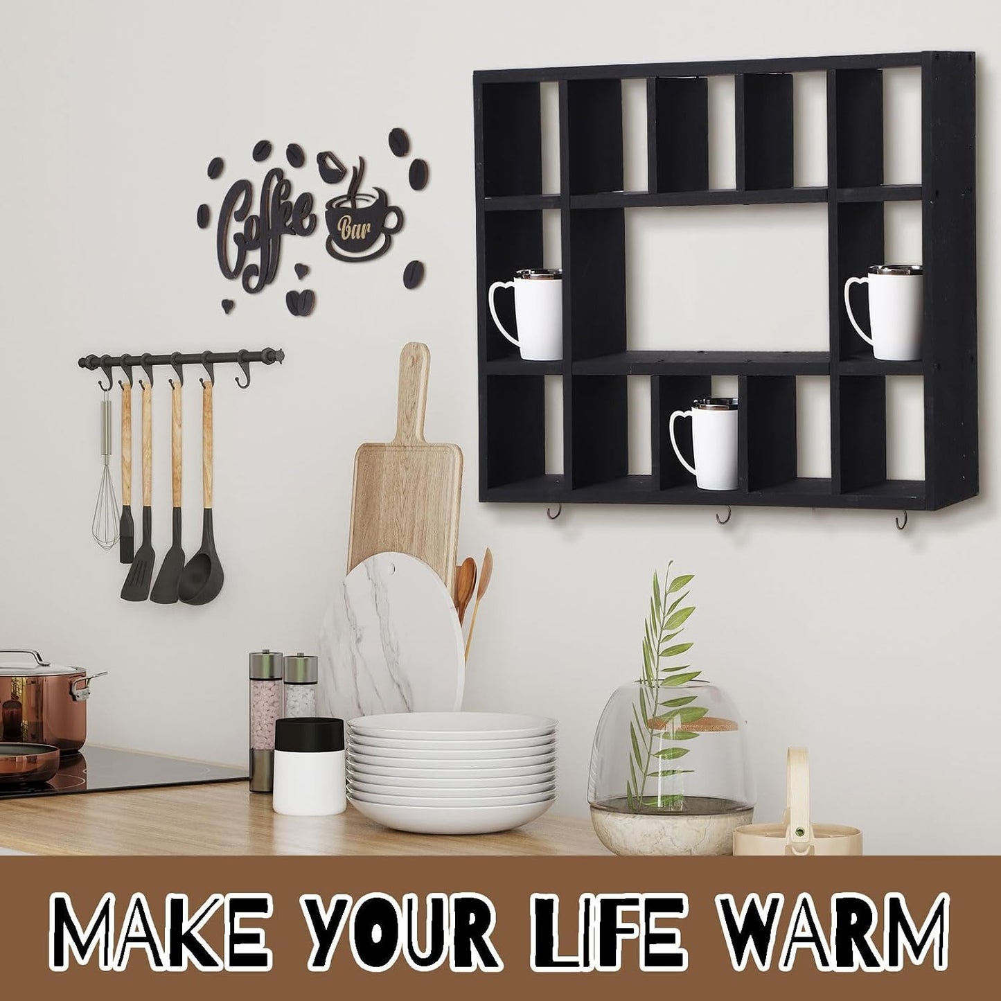 Cinnvoice Oversize Coffee Mug Display Shelf for Wall, Black | Wood Coffee Mug Rack, Wall Mounted Shelf, Cubes Cup Hooks