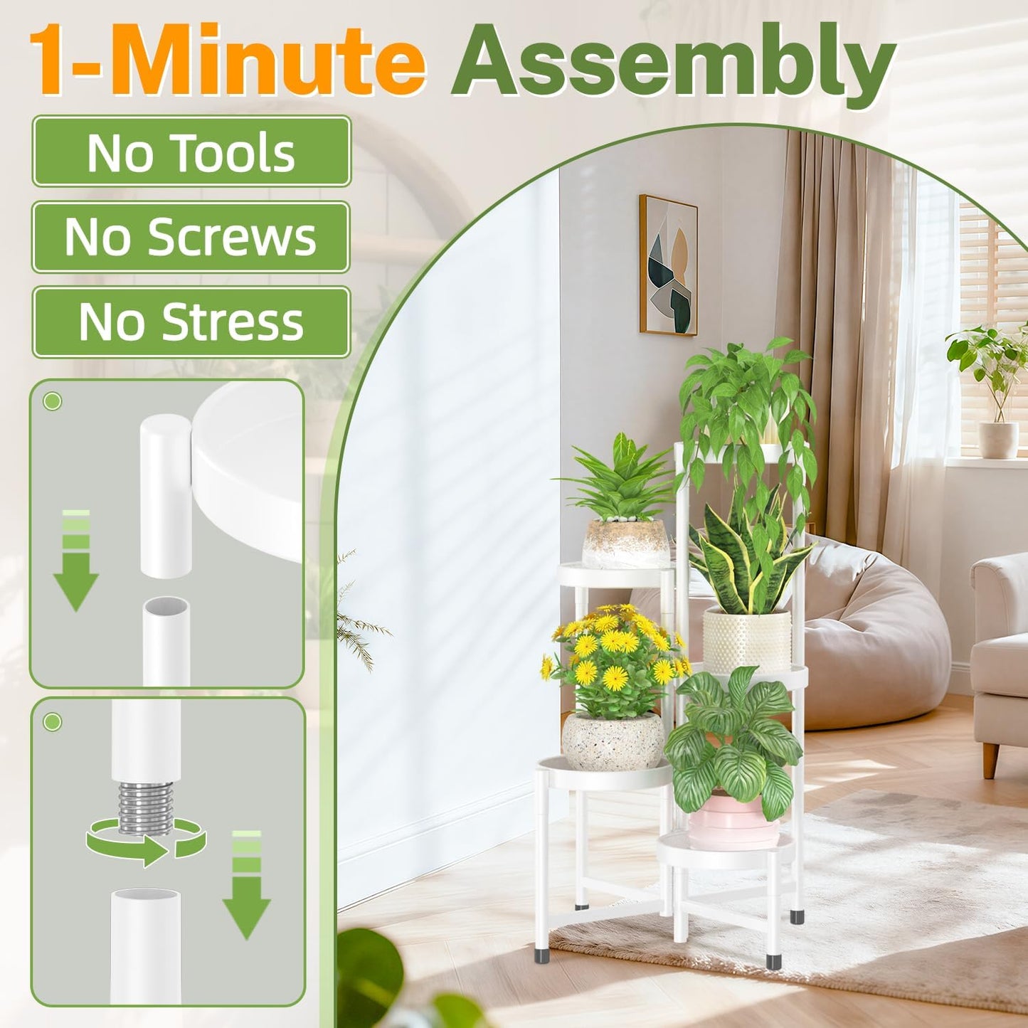 iDavosic.ly Plant Stand Indoor Outdoor, 5 Tier Metal Corner Shelf, White | Tiered Flower Display Holder, Folding Multi