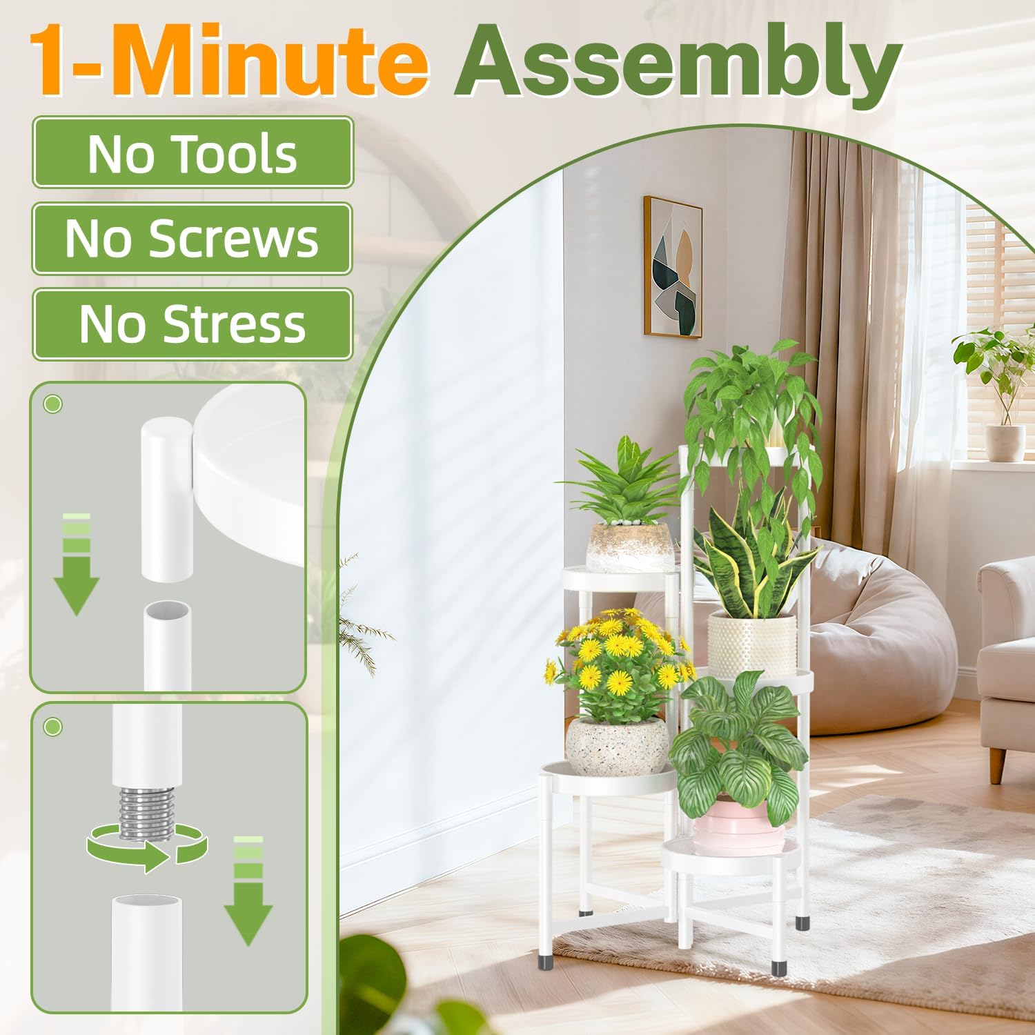 iDavosic.ly Plant Stand Indoor Outdoor, 5 Tier Metal Corner Shelf, White | Tiered Flower Display Holder, Folding Multi