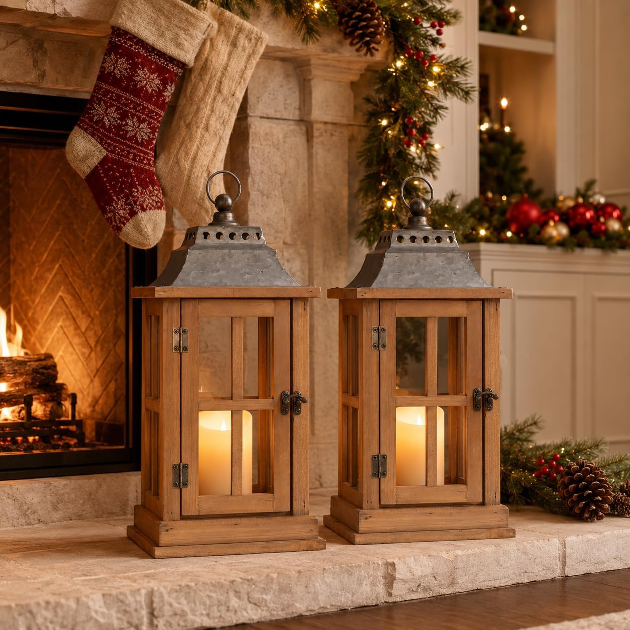 Bdor 15 Inch Outdoor Decorative Lanterns, Set of 2 Wooden Candle Lanterns | Tempered glass, galvanized tops, decorative