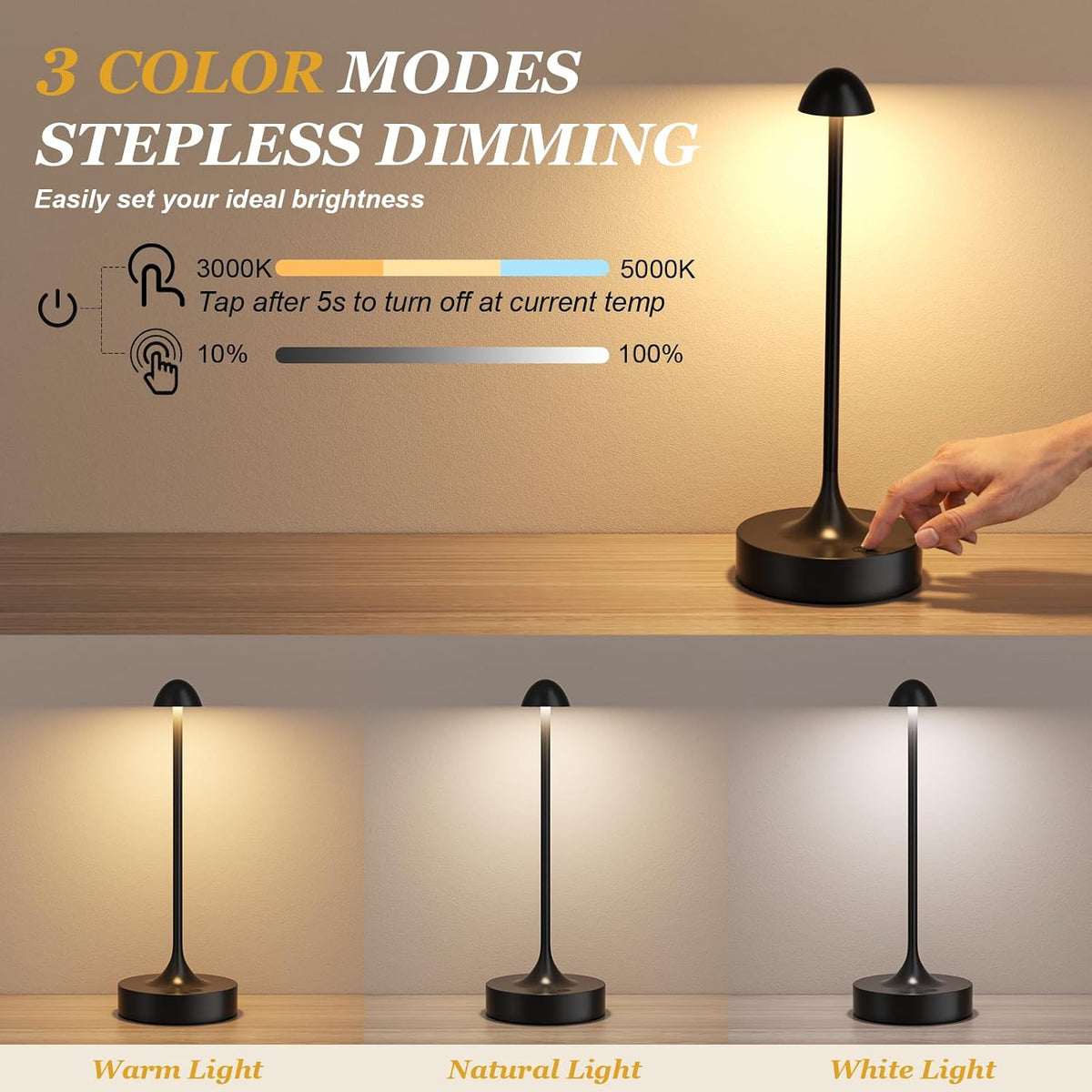 Cordless Rechargeable Table Lamp, Battery Operated Desk Lamp, Black, 2 Pack | Wireless Night Light, 3 Color Modes
