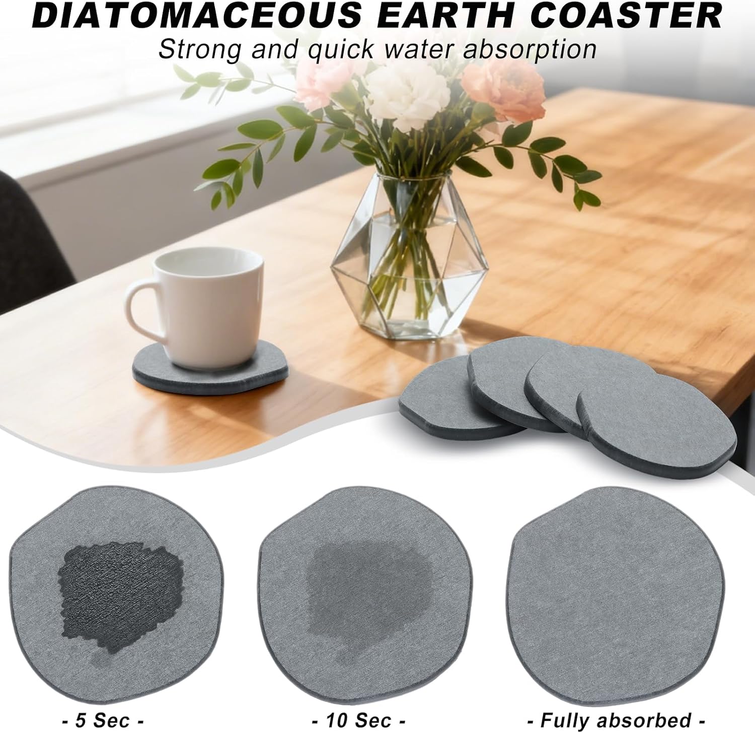 Holder / Absorbent Diatomaceous Earth Coasters Set / Gray-irregular / 4 Inch / Set of 6