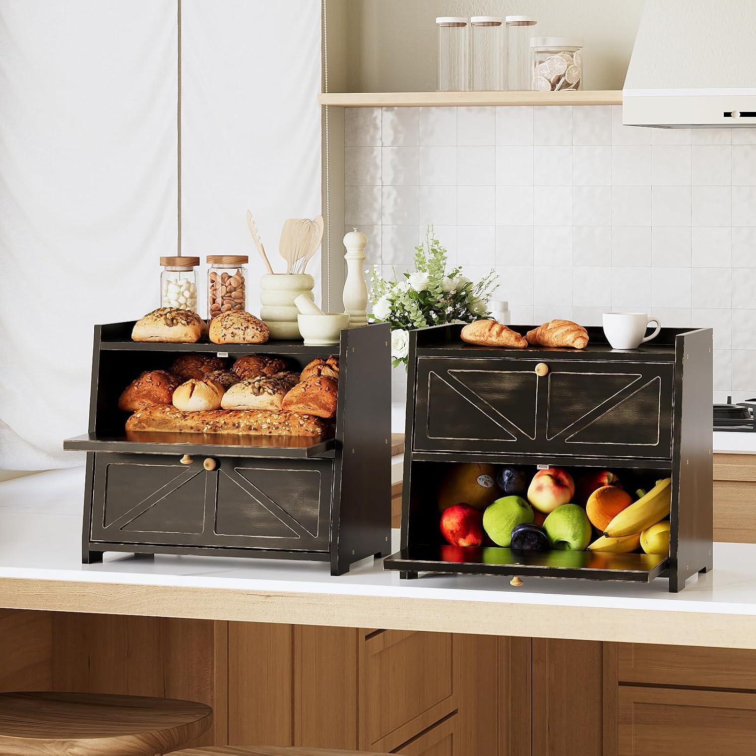 Trironsun Vintage Double Layer Bread Box for Kitchen Counter Bamboo Bread Storage Container Large Capacity Bread