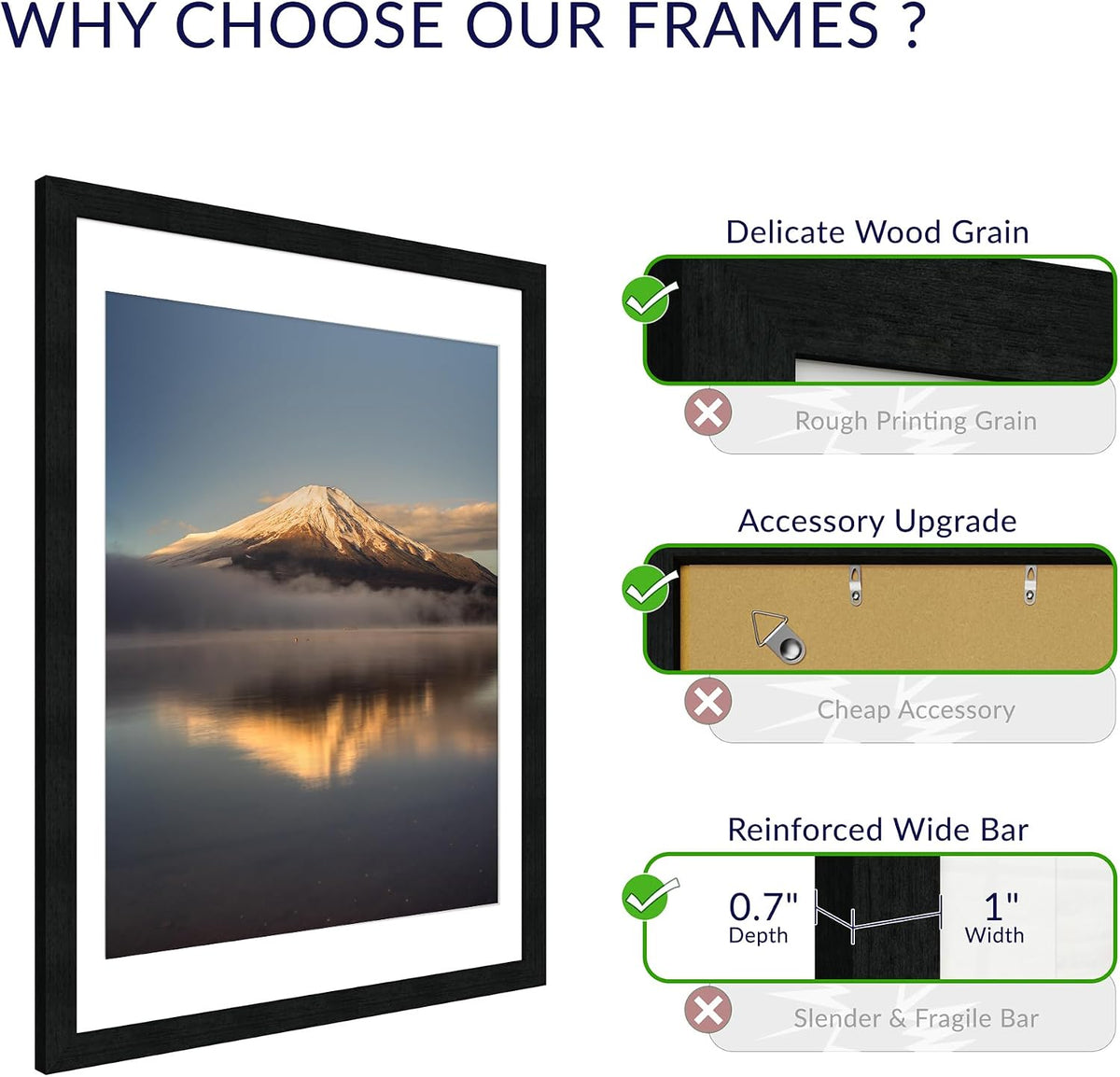 18X24 Poster Frame, Display Pictures 16X20 with Mat or 18X24 without, Wall Hanging Frames, Black, 3 Pack