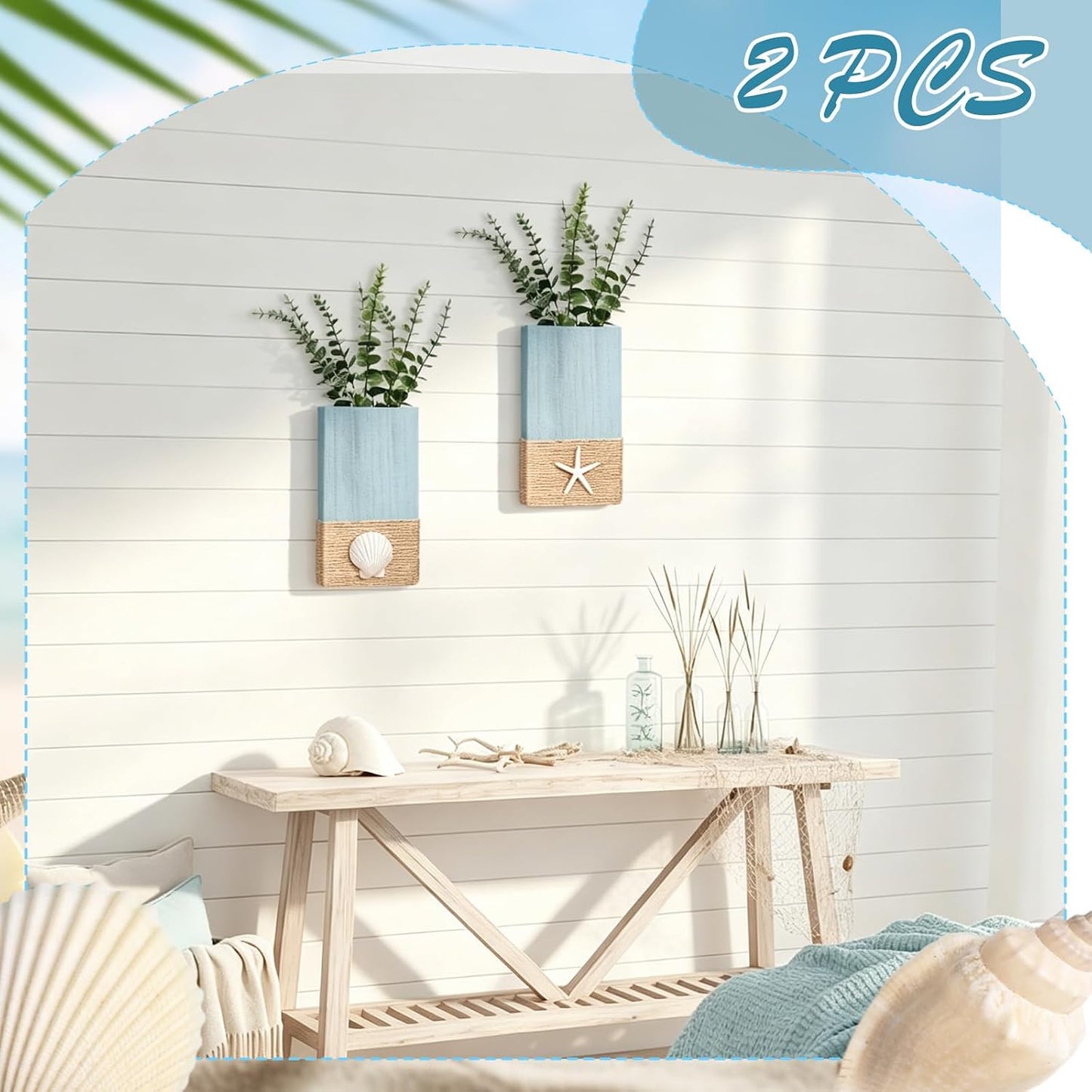 Beach Rustic Wood Wall Planter Vase Beach Room Decor Nautical Coastal / Seashell / Blue / Set of 2