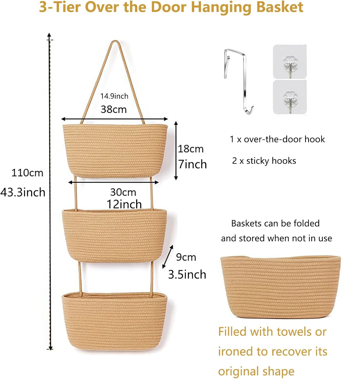 Woven Cotton Hanging Baskets for Organizing Decor 3-Tier Over the Door Wall-Mounted / White+pink