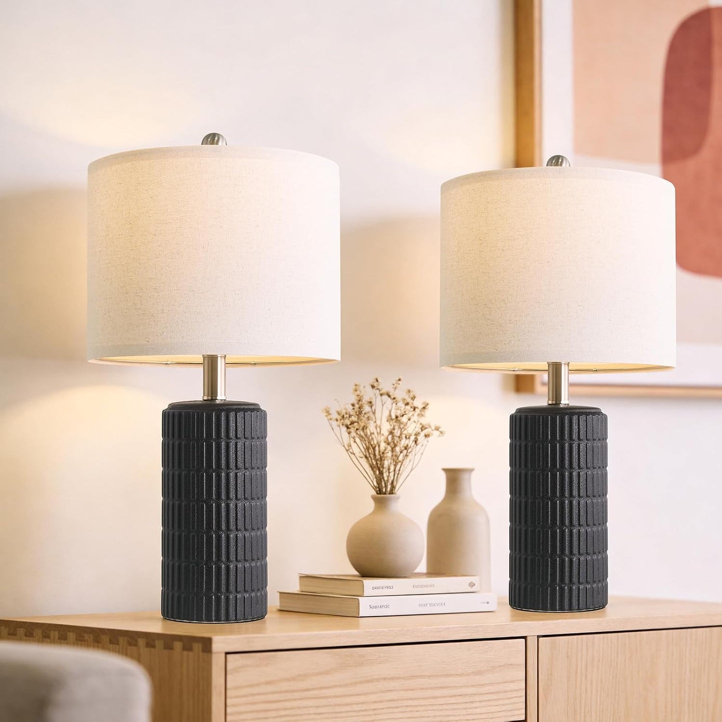 PoKat Small Table Lamps Set of 2 for Bedroom, 20.75'' Matte-Textured Farmhouse Ceramic Bedside Lamps for Night Stands