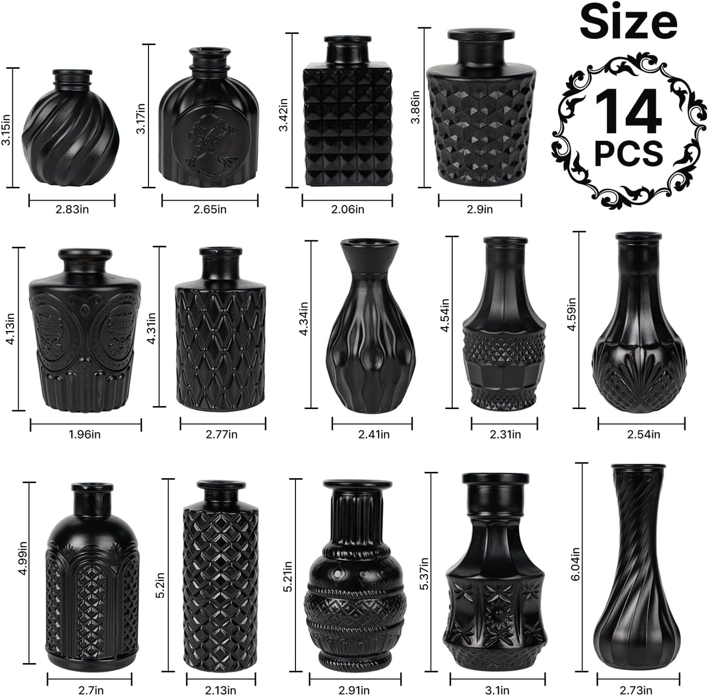 Black Glass Bud Vase Pcs / Classic Black / Set of 14