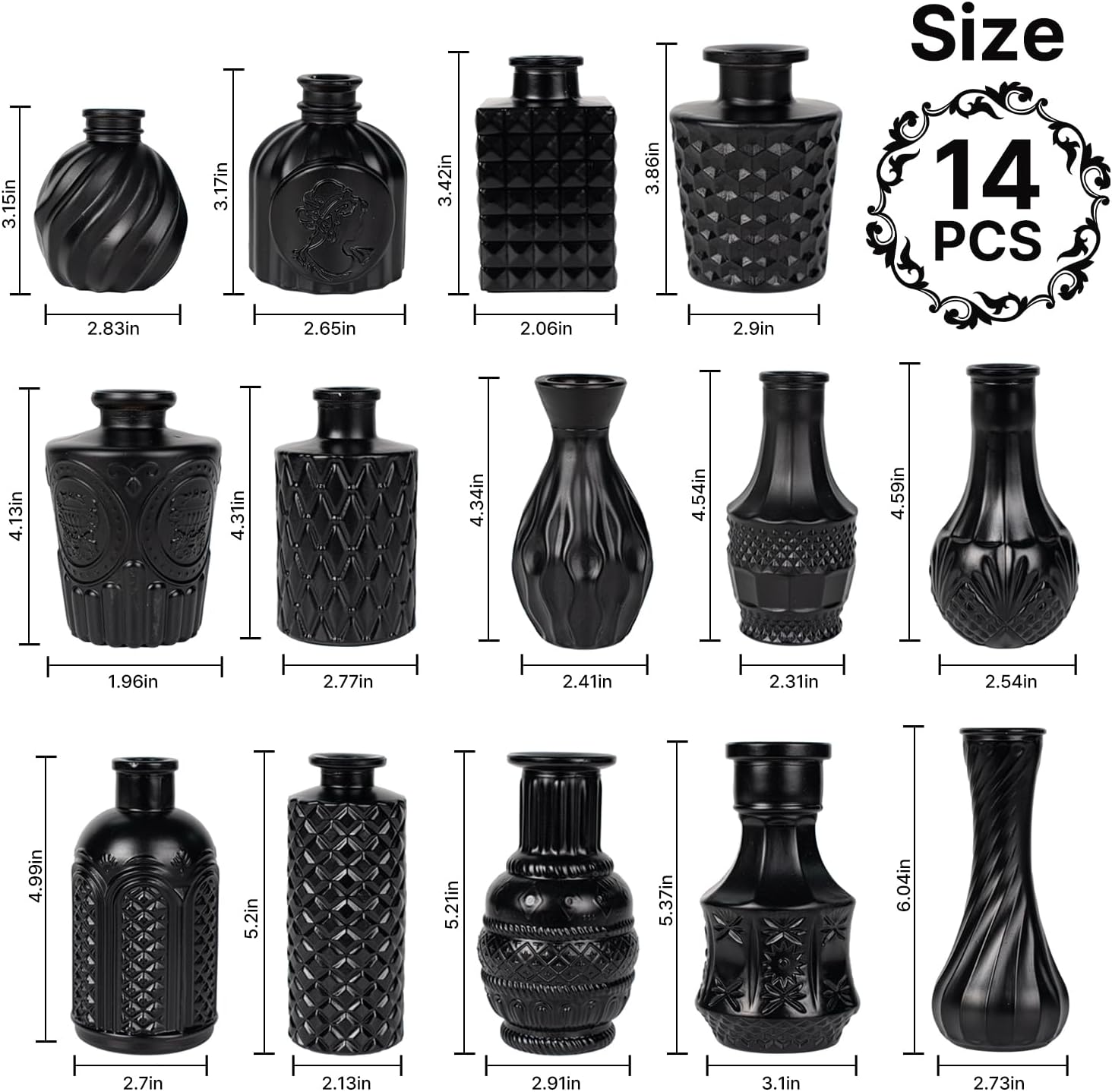 Black Glass Bud Vase Pcs / Classic Black / Set of 14