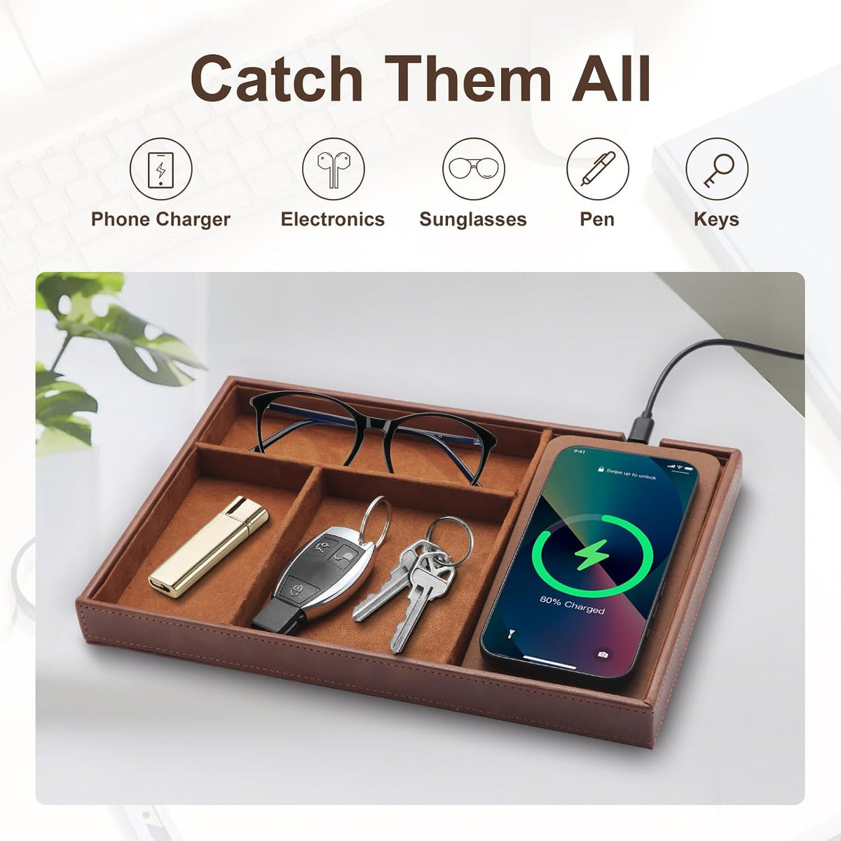 TopMade Valet Tray with Wireless Charging Pad Nightstand Organizer, Leather Desktop Storage Dresser Organizer Charging