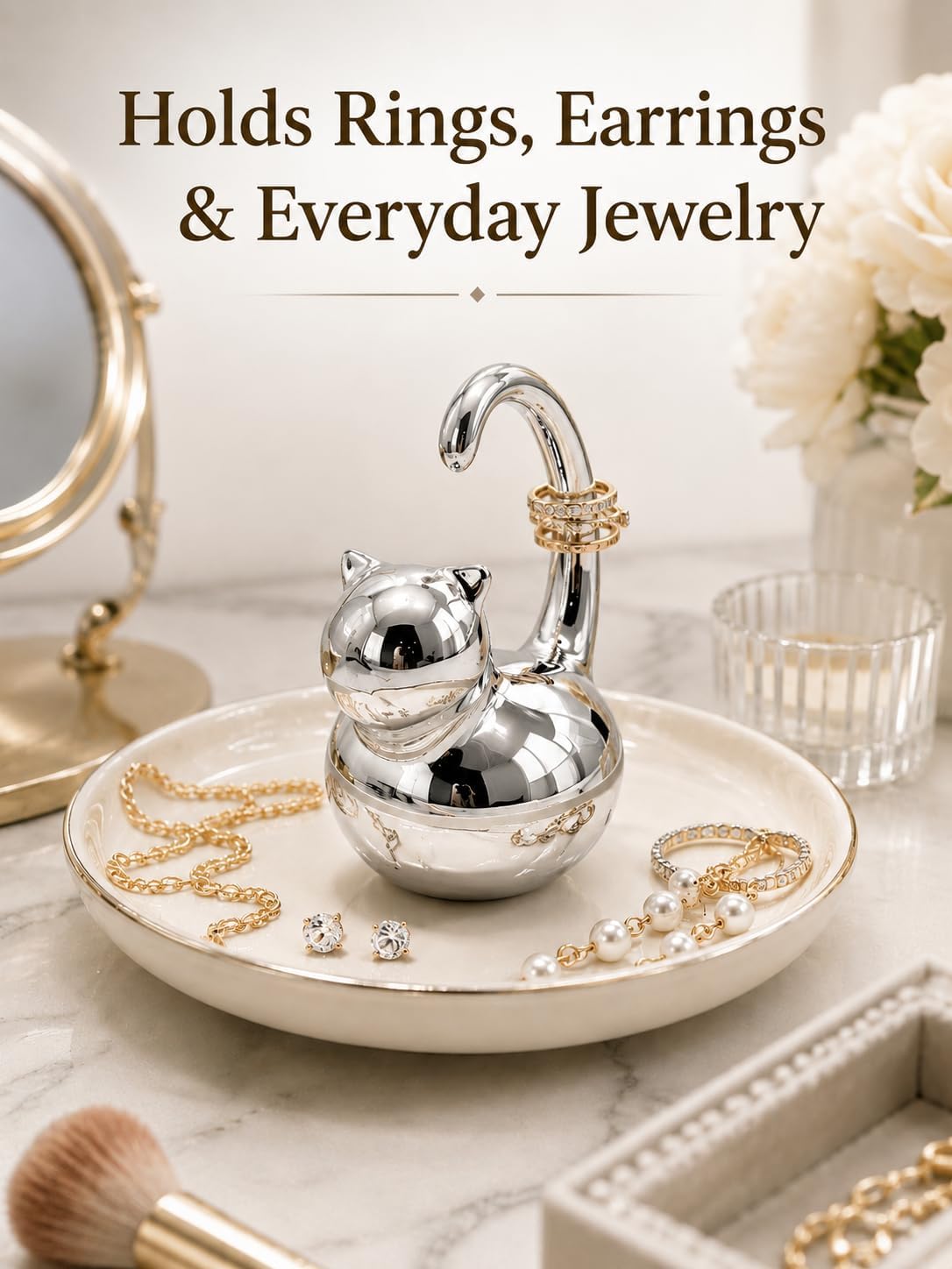 Cat Ring Holder Jewelry Dish- & Silver Ceramic Trinket Tray / Fat Cat / White