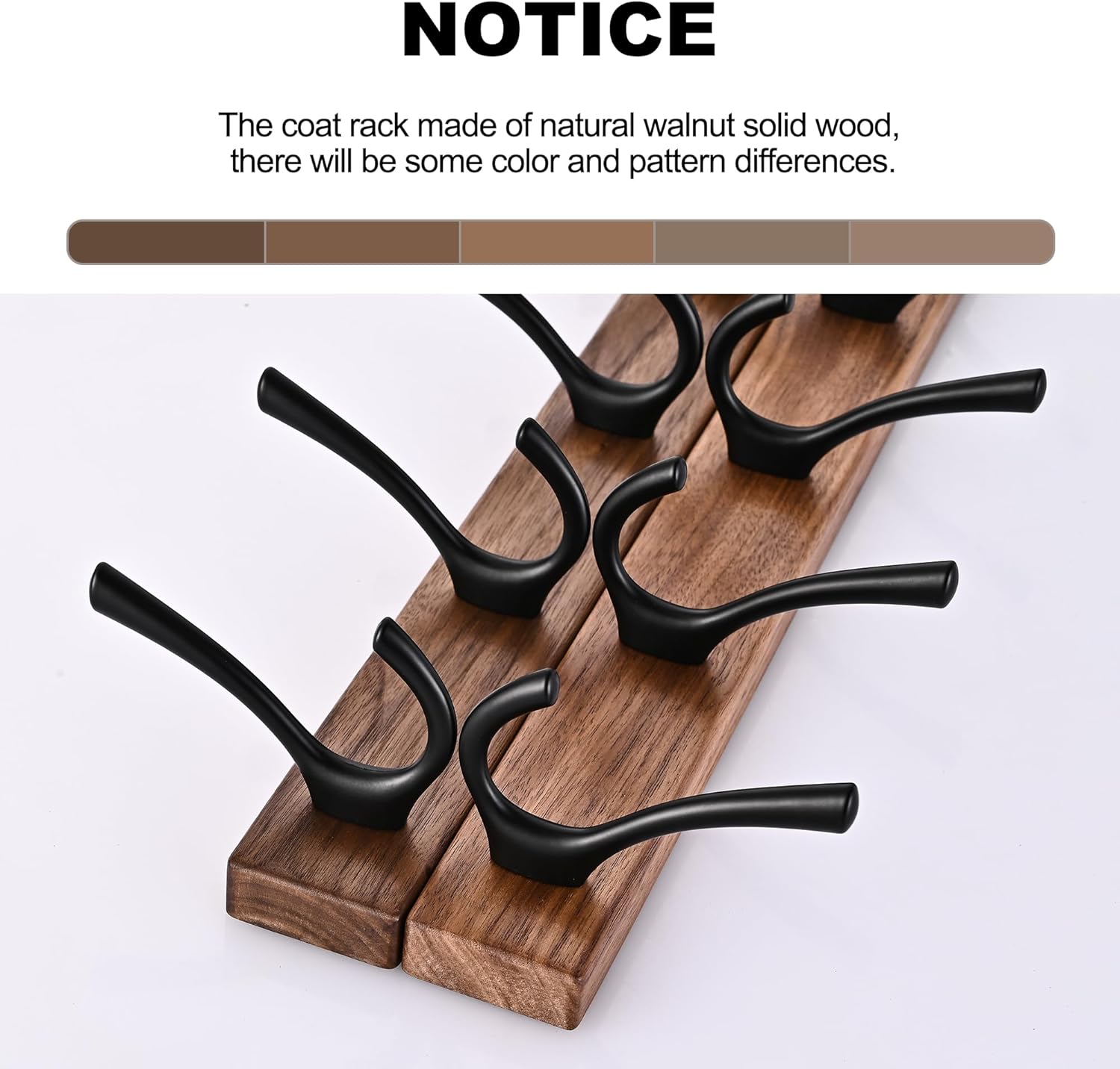 17.3" Small Walnut Wood Coat Rack Wall Mount / Black 5 Hooks Wall Coat Rack