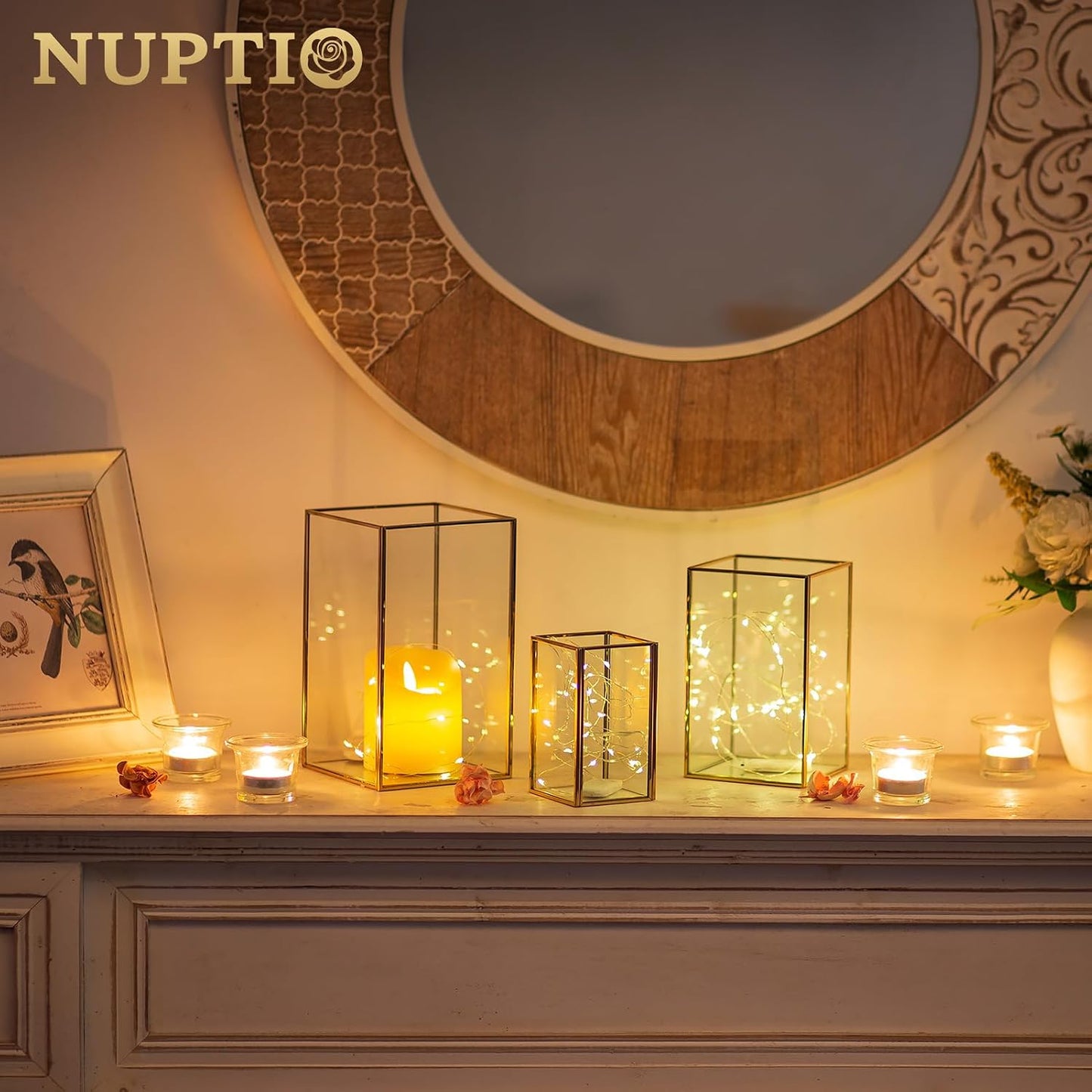 NUPTIO Hurricane Candle Holder Centerpieces: 6 Pcs Glass Candles Lantern | Gold Lantern with Metal Frame Modern Pillar