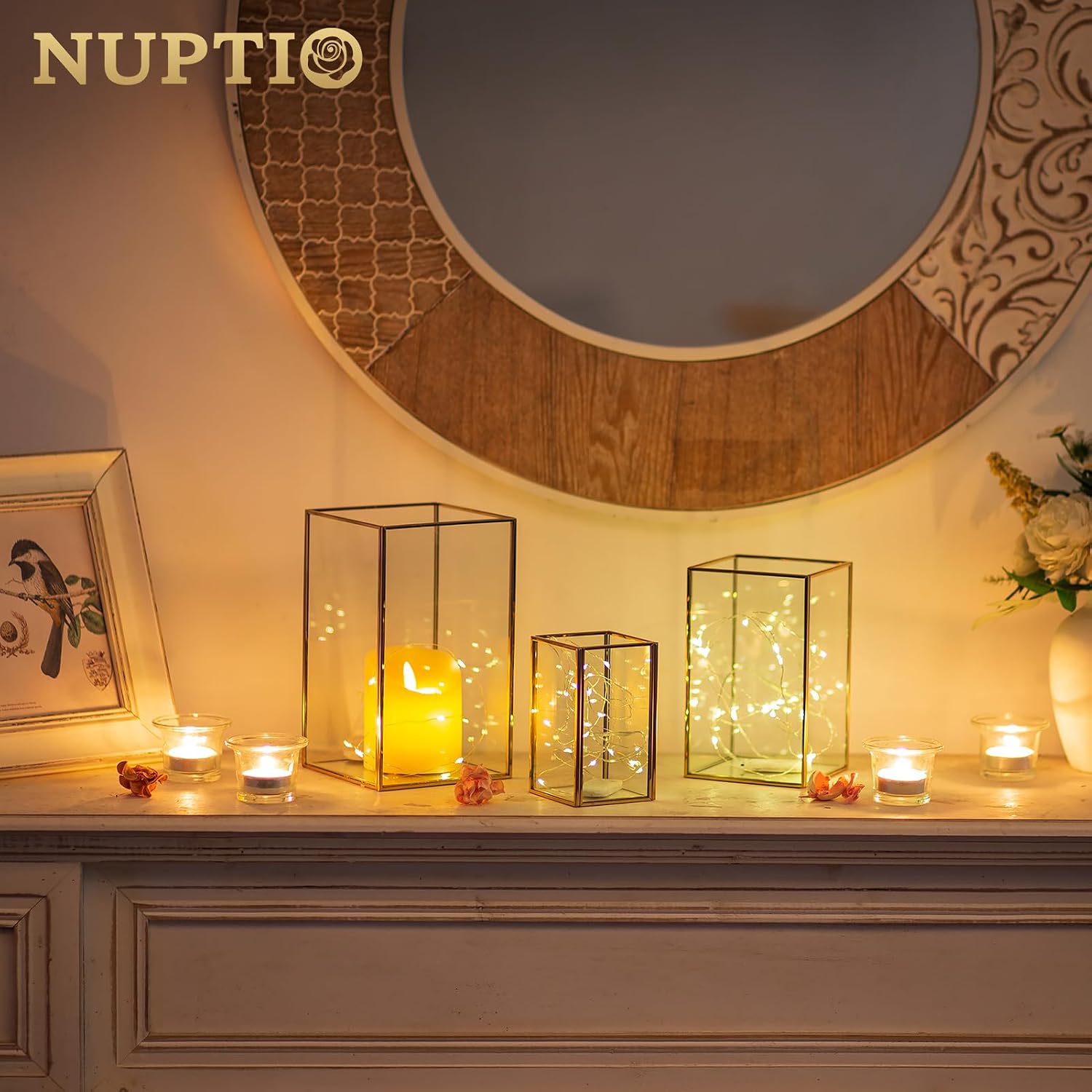 NUPTIO Hurricane Glass Candle Holders: 3Pcs Gold Lanterns Candle Holder for Pillar Candles Geometric Table Centerpiece