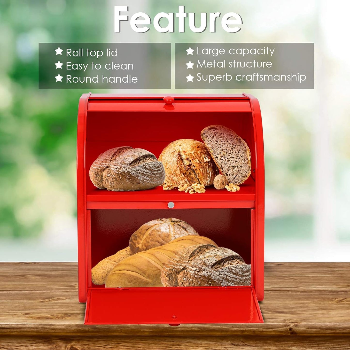 Widousy 2 Layer Metal Bread Boxes, Bread Box Storage Bin Kitchen Container with Roll Top Lid Iron Countertop Containers