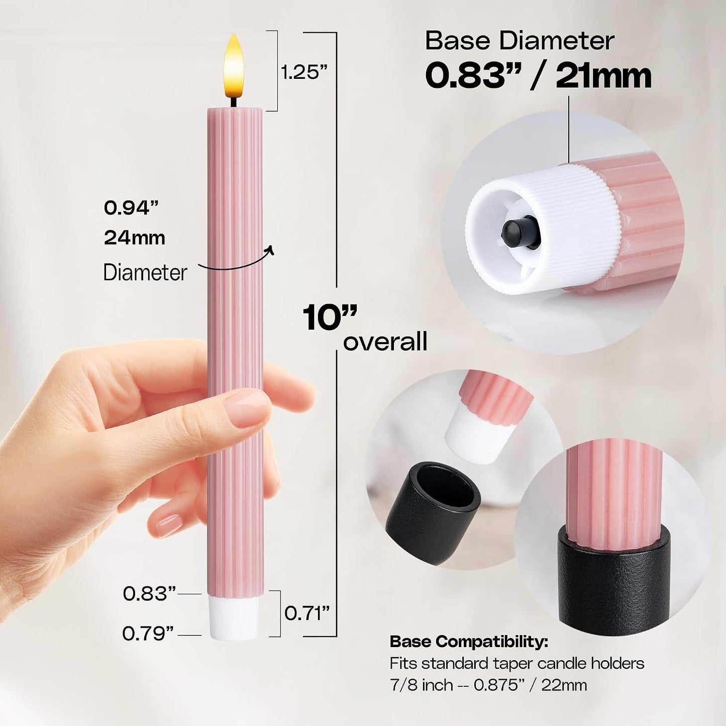 10" Fluted Ribbed LED Dusty Rose Grooved Real Wax Taper Candles, Remote & 24h Timer Memory, On/Off Switch - Flameless