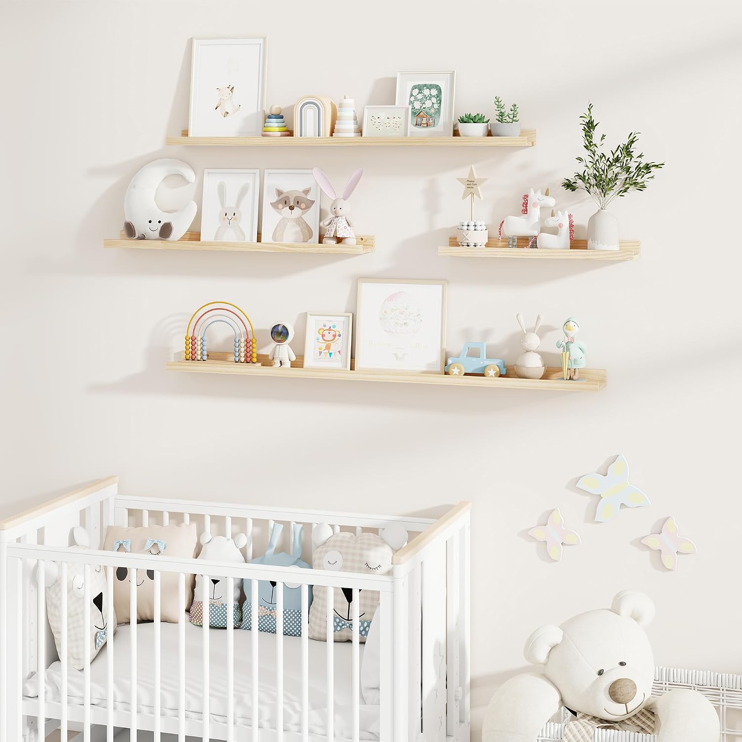 Fun Memories Picture Ledge Shelf, Pine Wood Floating Shelves Set of 2, 36 inch Nursery Book Shelves, Photo Ledge Book
