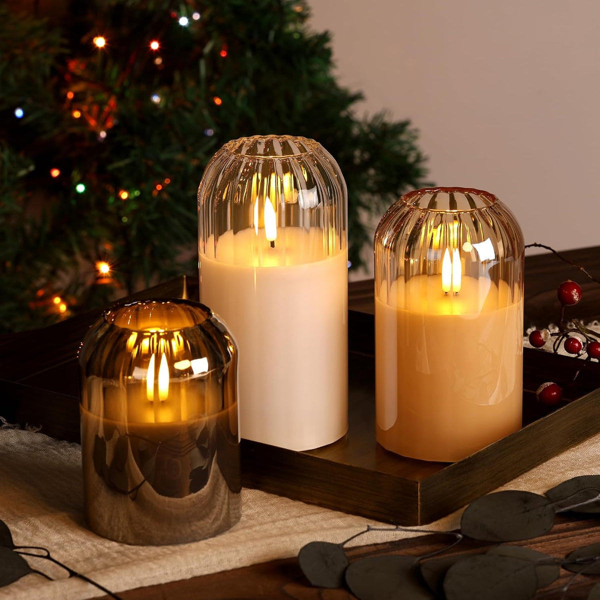 Clear Glass Flameless Pillar Candles with Remote Timer Set of 3 | Flickering LED Candles, Home Shelf Table Accent