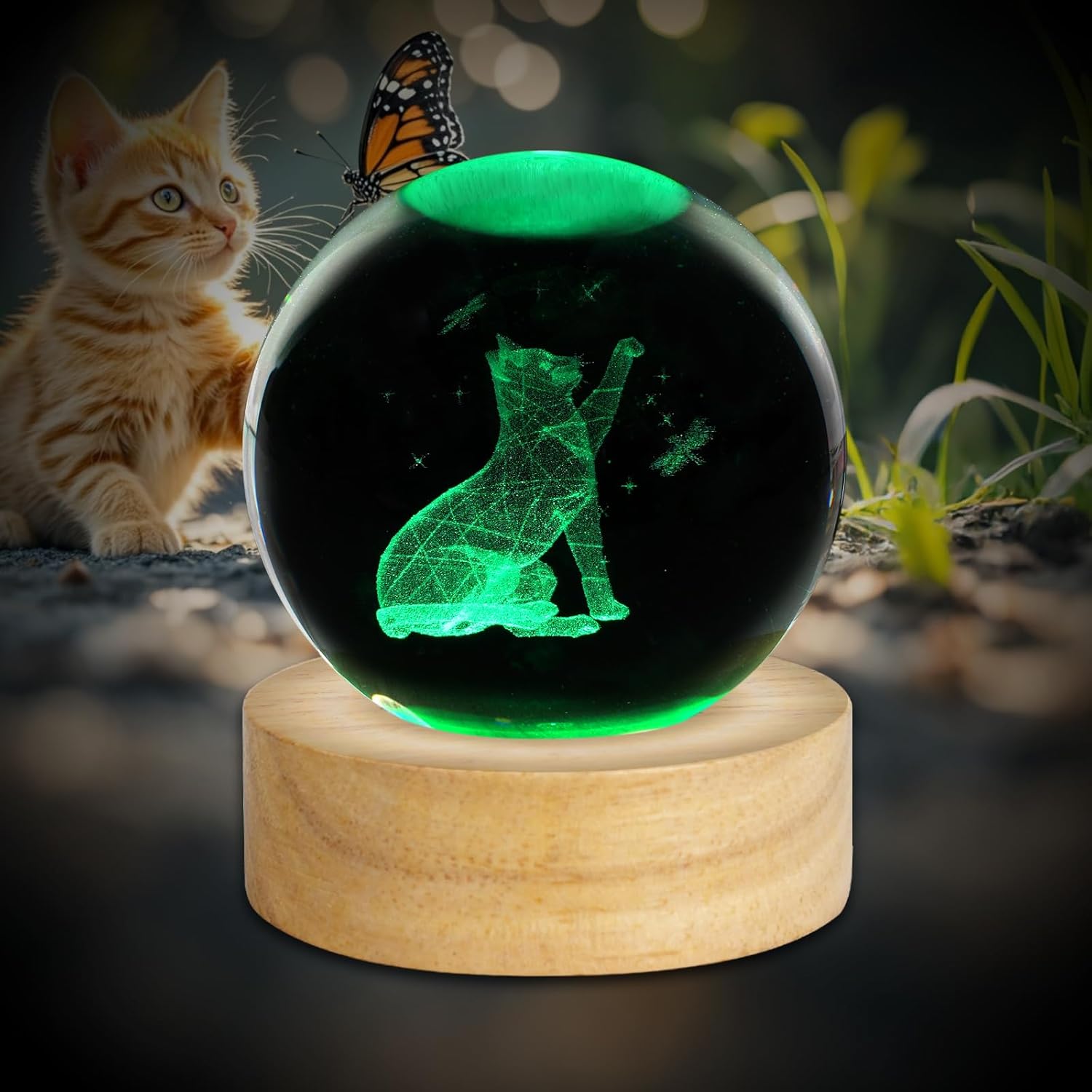 3D Crystal Ball Night Light Table Lamp Decor / Cat / 2.4 Inch