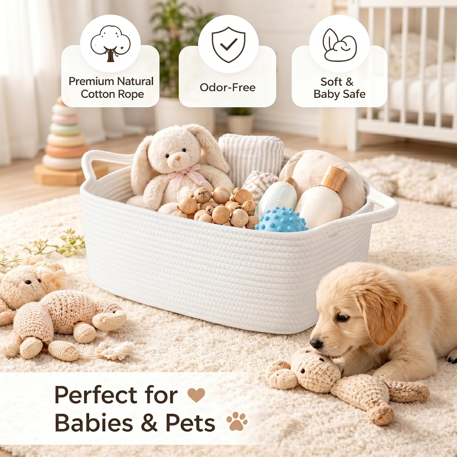 Woven Baby Shower Basket for Nursery & Pet Toys / White / Medium: 13.5l*10w*6h