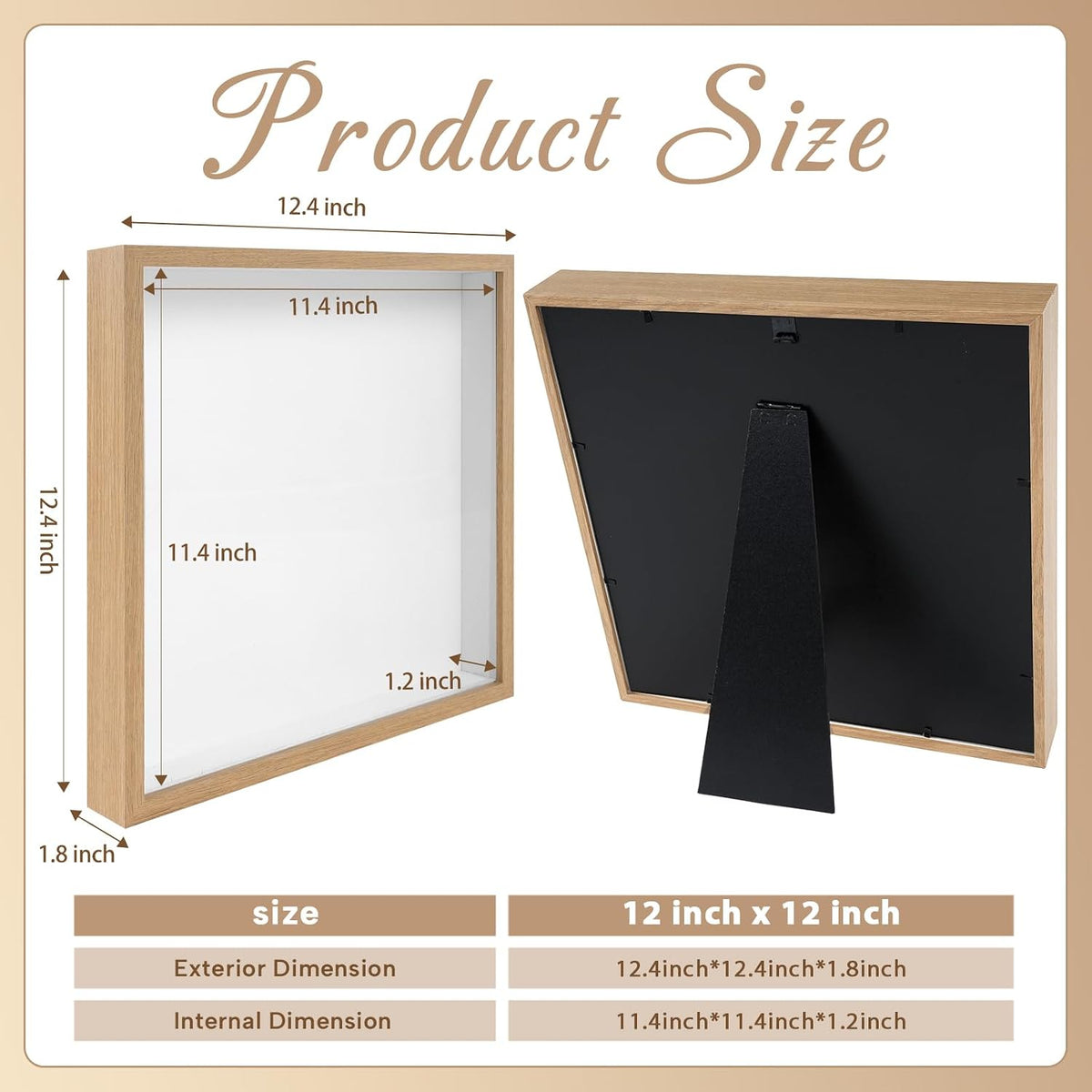 2 Pack 12x12 Shadow Box Frame Deep Shadow Boxes Display Cases with Stand | Wood Shadowbox Display on Tabletop or Wall