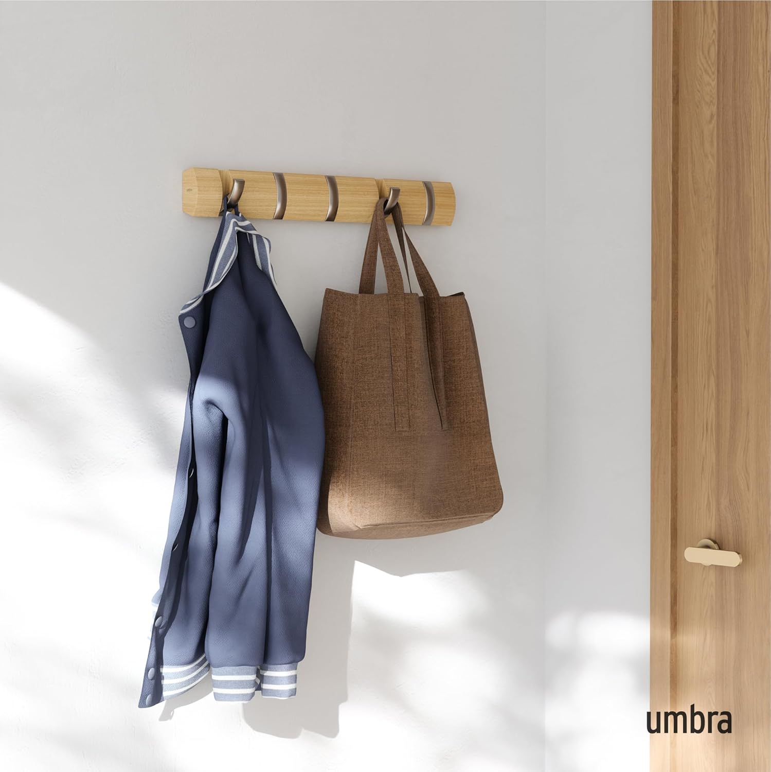 Umbra Flip 5 Wall Mounted Hook | Real wood and steel build, retractable hooks fold flat, holds coats bags and scarves