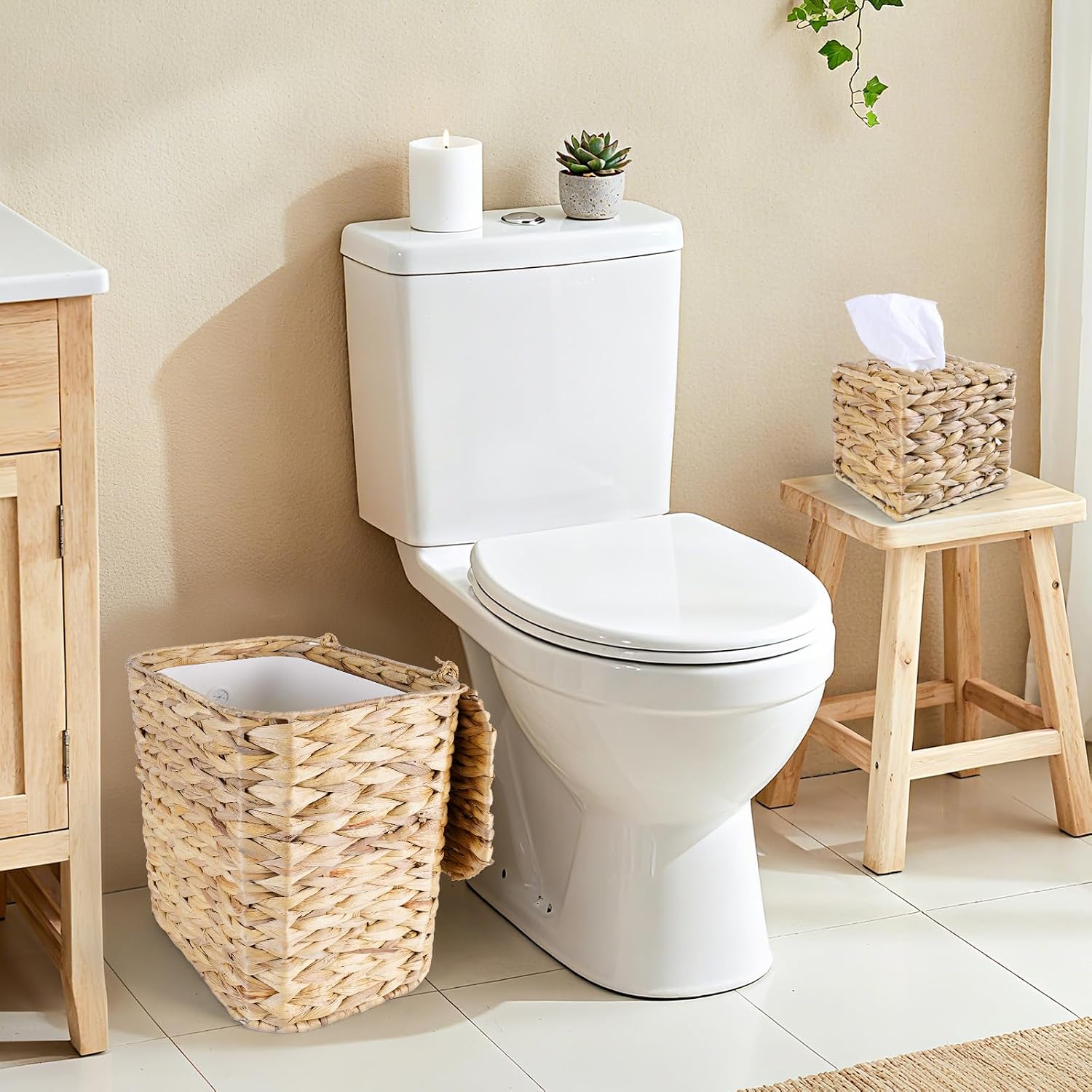 Wicker Trash Can and Handwoven Tissue Box Cover Set Rattan Waste Basket