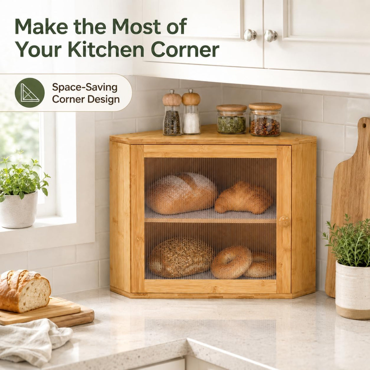 BAMBANG Corner Bread Box for Kitchen Countertop, Large Capacity Bamboo Wood Bread Storage Container, 2 Tier Farmhouse