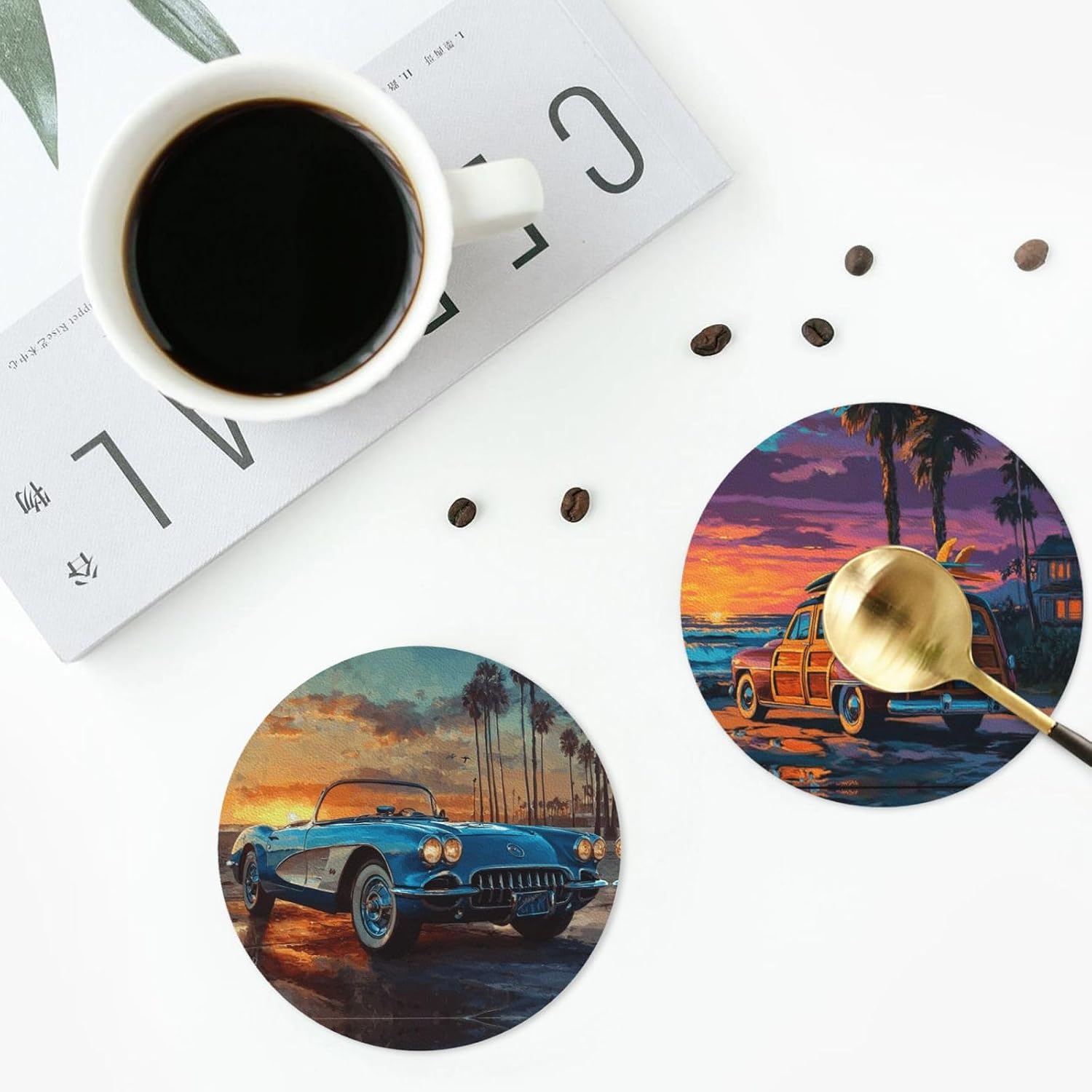 Holder Round Leather Coasters Cups Mugs Mat Pad / Car Print / Set of 6