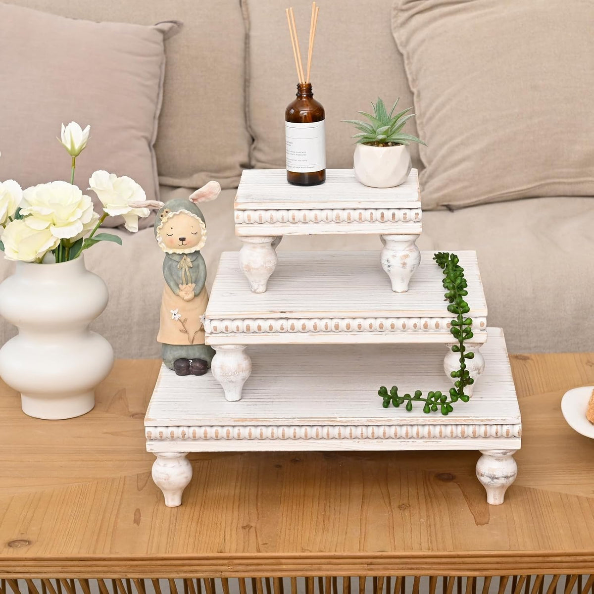 Swallowliving 3 Pcs Set Farmhouse Wood Risers for Display Decorative, Rustic Shabby Chic Tiered Tray for Kitchen