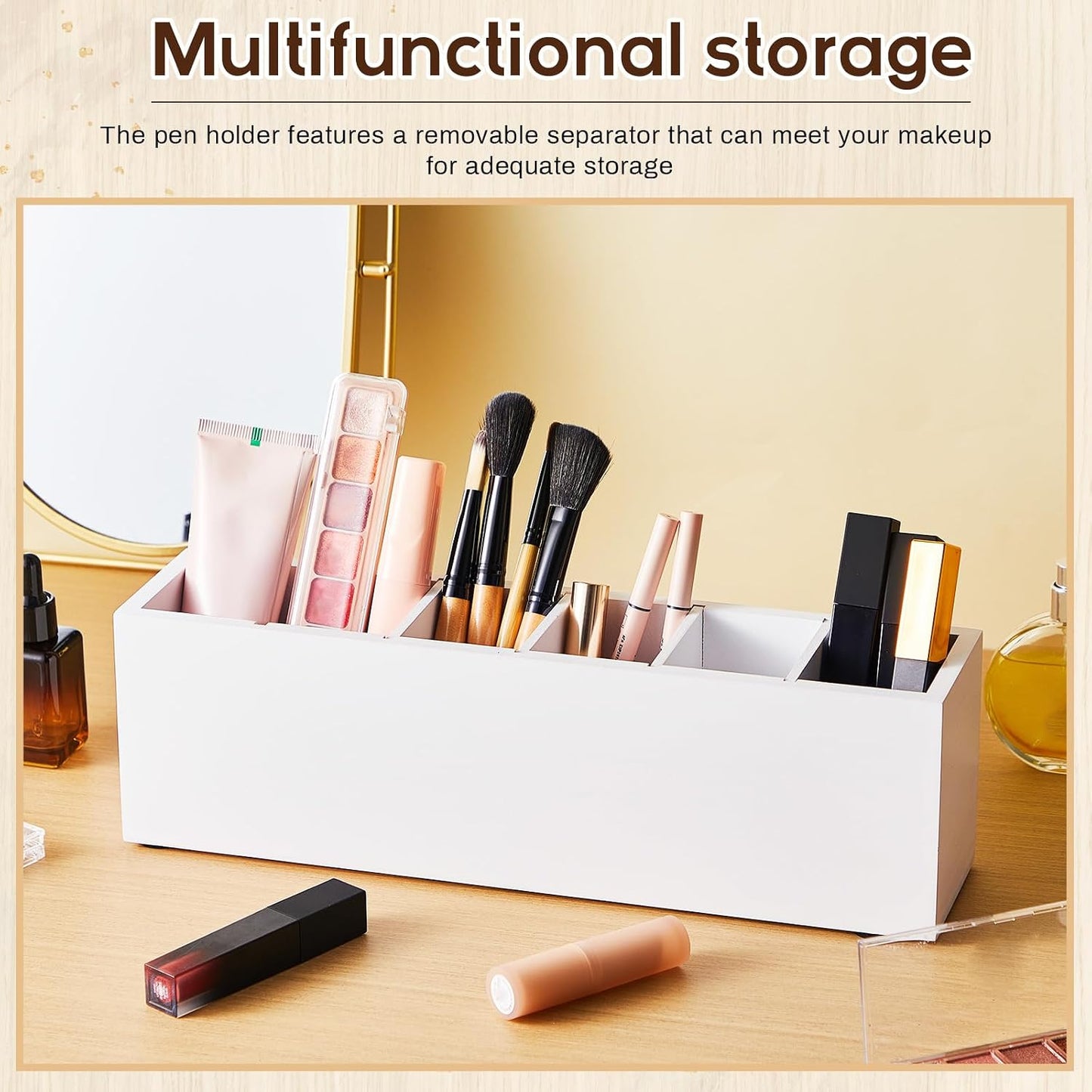 Jetec Wooden Pencil Pen Holder for Desk 6 Compartments Cosmetic Makeup Brush Stationery Office Desktop Organizers for