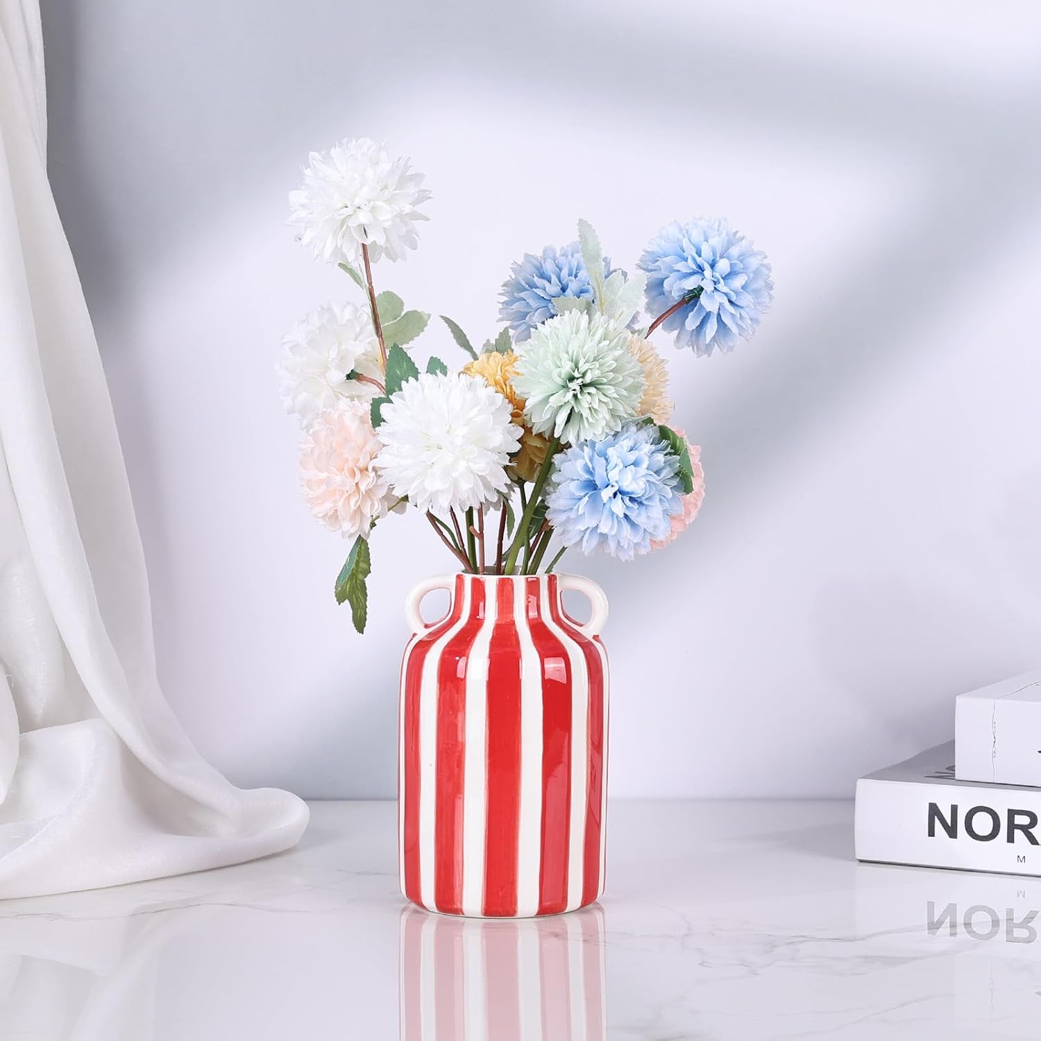 Ceramic Striped Checkered Vase / Red White