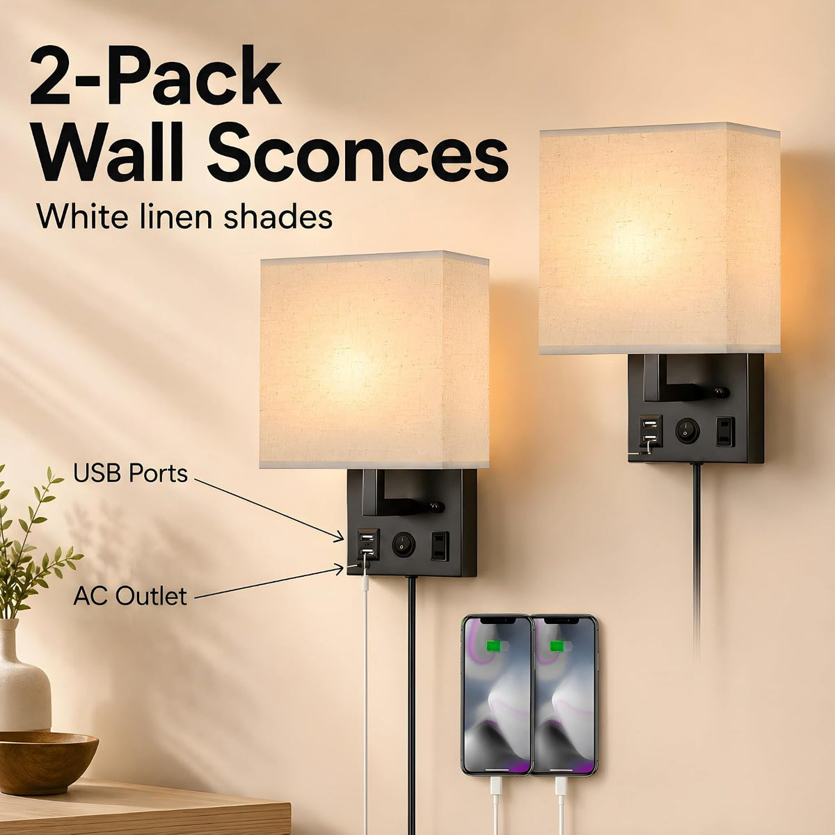 Vrisa Wall Sconces Wall Lamps for Bedrooms Set of 2 Plug in Bedside Lights Wall Mounted with USB Ports Outlet Wall