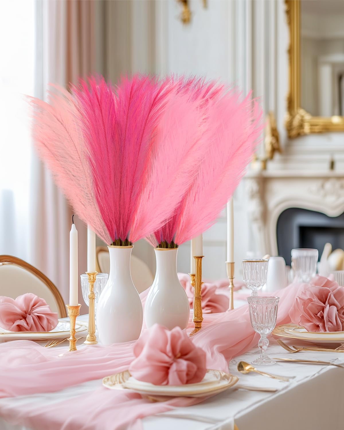 Hot Short Artificial Pompous Grass Fluffy Fake Pompas Grass Branches / 21.7 Inch / Pink / Set of 48