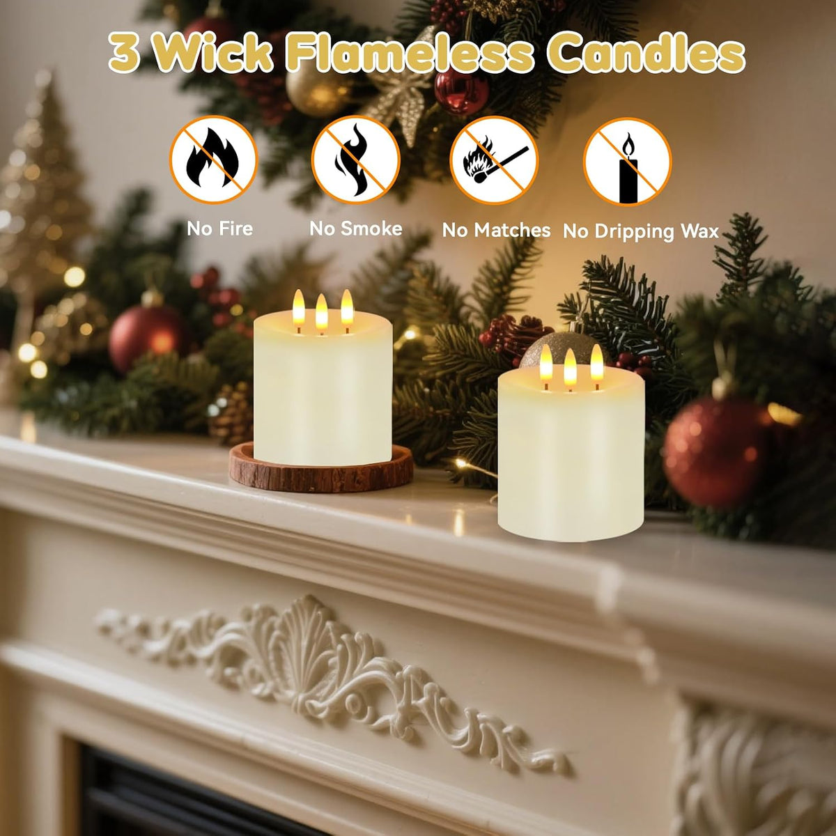3 Wick Flameless Candles Set of 2, 4"x4" Flickering Large Flameless Candles with Remote & Timer, Dimmable Real Wax