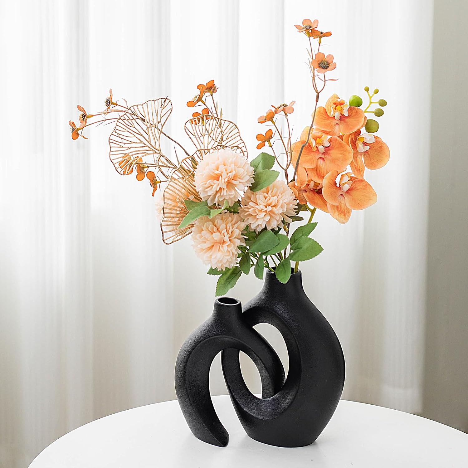 Black Hollow Ceramic Vase / Black - Round Large / Set of 2